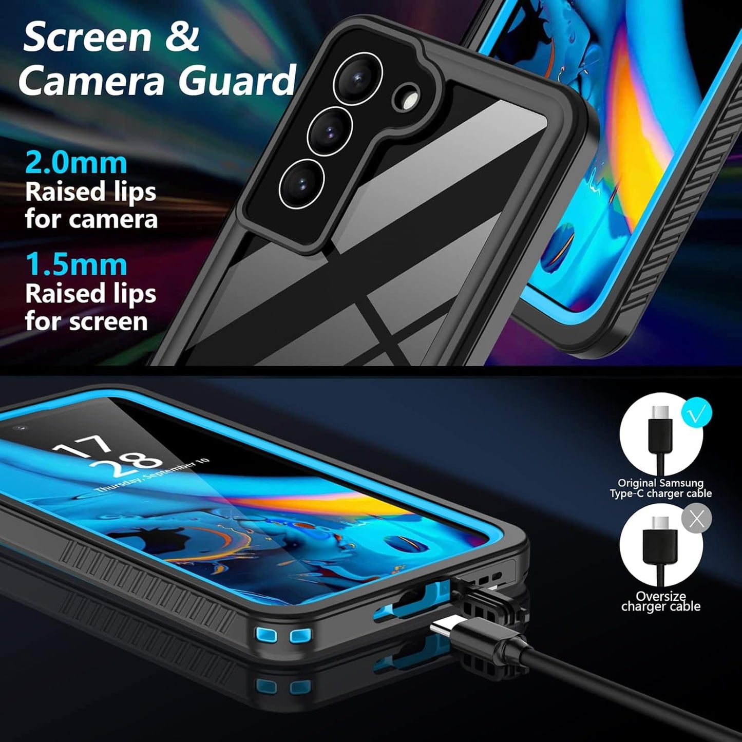 For Samsung Galaxy S22+Plus Case Waterproof Shockproof,Galaxy S22 plus Case with Built-In Screen Protector 360 Full Body Heavy Rugged Samsung S22+Plus Protective Case(Blue/Clear)