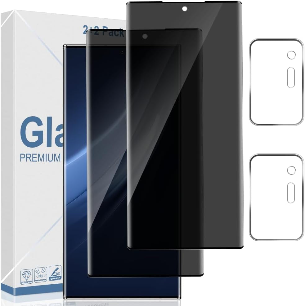 2+2 Pack Galaxy S22 Ultra 5G Privacy Screen Protector and Camera Lens Protection,Anti-Spy Tempered Glass, 3D Full Coverage, Fingerprint Unlock, Free of Bubbles for Samsung Galaxy S22 Ultra 6.8 Inch