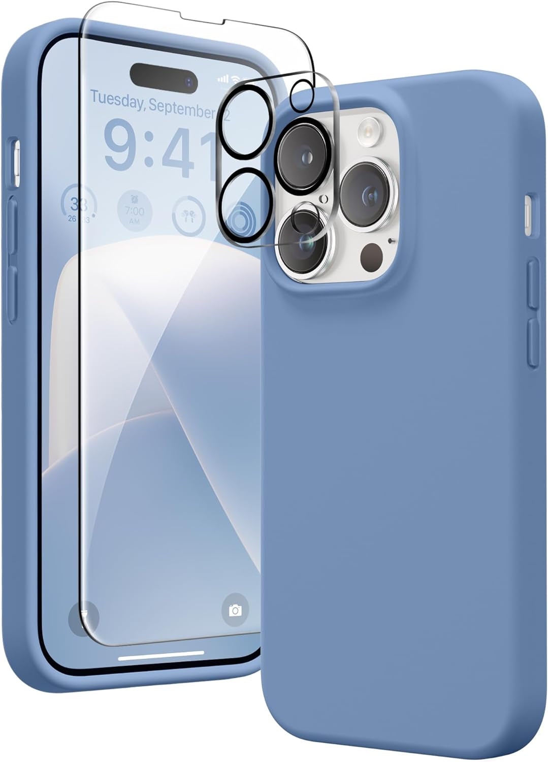 GONEZ for Iphone 14 Pro Case, with 2 Pack Screen Protector + 2 Pack Camera Lens Protector, Soft Anti-Scratch Microfiber Lining, Shockproof Protective Liquid Silicone Phone Cover 6.1'', Blue  GONEZ Light Blue Iphone 14 Pro 