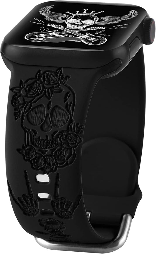 Halloween Floral Engraved Silicone Band Compatible with Apple Watch 38Mm 40Mm 41Mm for Women Men,Skull Pattern Laser Printed Soft Silicone Sport Wristbands Replacement Strap for Iwatch Series SE 9 8 7 6 5 4 3 2 1