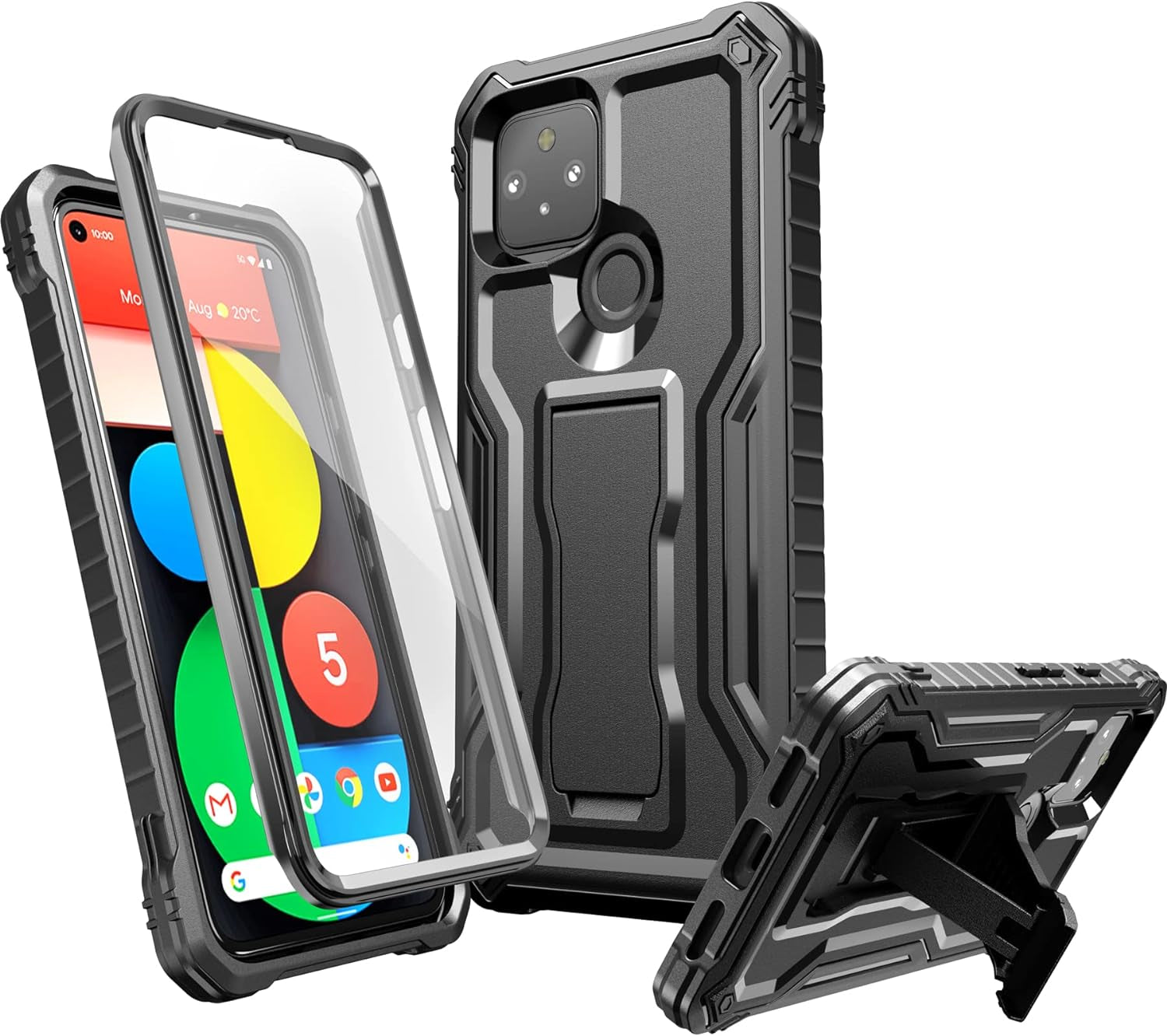FITO for Pixel 5 Case, Dual Layer Shockproof Heavy Duty Case with Screen Protector for Google Pixel 5 Phone, Built-In Kickstand (Black)  FITO Black  