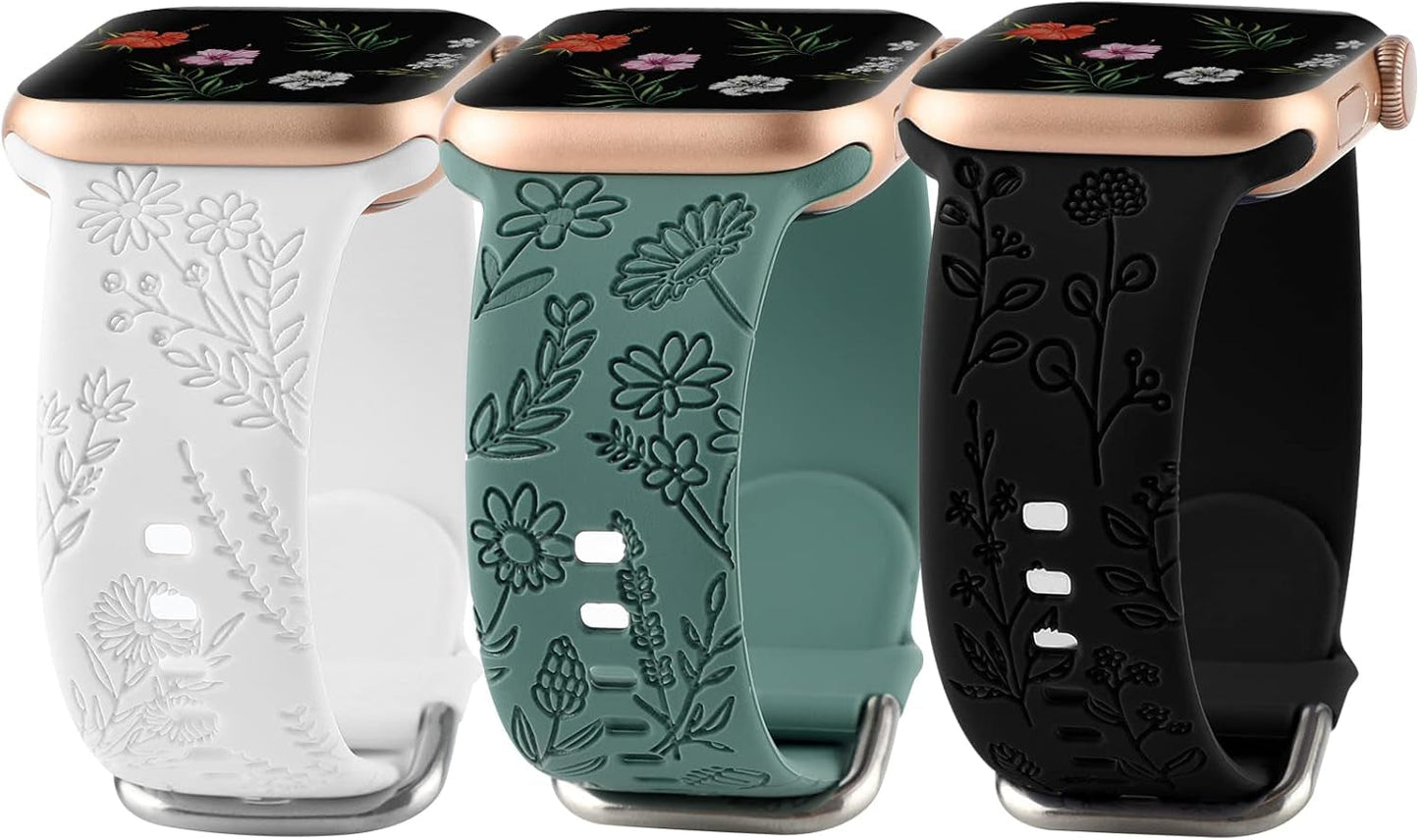 Floral Engraved Sport Bands Compatible with Apple Watch Band 38Mm 40Mm 41Mm, Women Cute Flower Pattern Soft Silicone Strap Smartwatch Wristband Accessories for Iwatch Series 8 7 6 5 4 3 2 1 SE