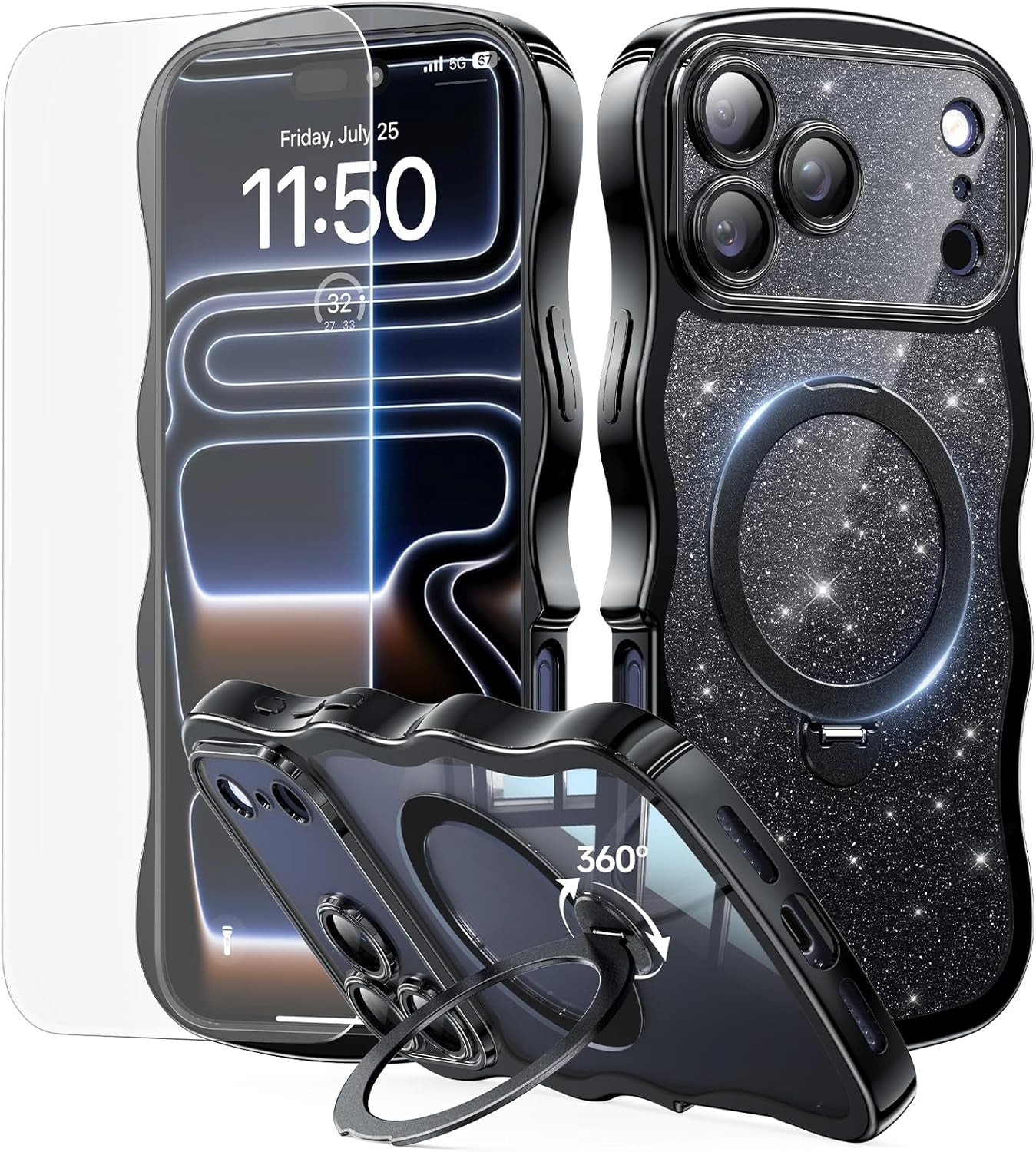 3 in 1 for Iphone 17 Pro Max Case with 360° Spin Magnetic Stand, 1X DIY Glitter Cardstock+1X Screen Protector, [Fit for Magsafe]Cute Wavy Glossy Clear Phone Cover for Women Girls 6.9", Cosmic Orange