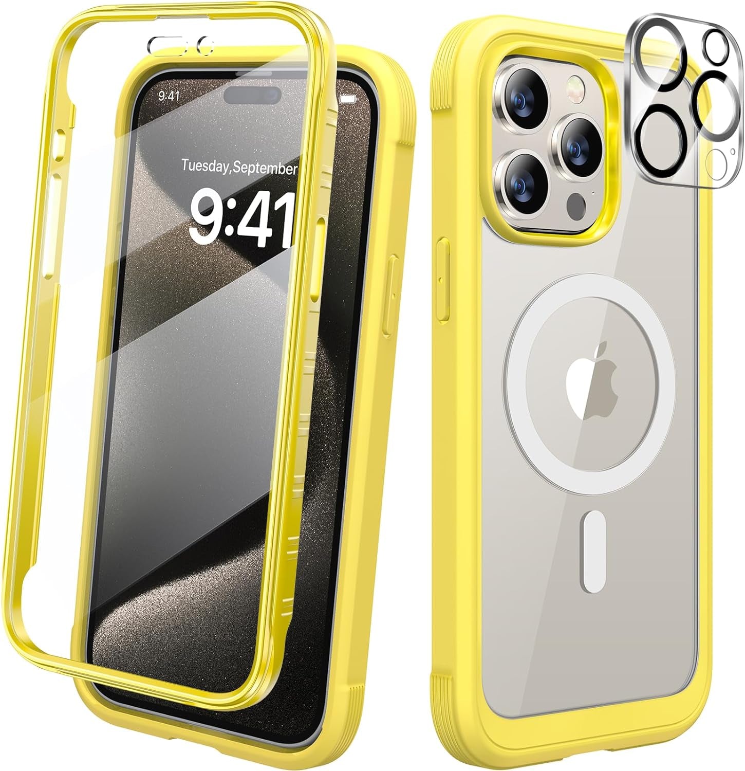 Diaclara Designed for Iphone 15 Pro Case, Full Body Rugged Case with Built-In Touch Sensitive Anti-Scratch Screen Protector, with Camera Lens Protector for Iphone 15 Pro 6.1",Frosted Clear  Diaclara Magnetic Yellow Iphone 15 Pro 
