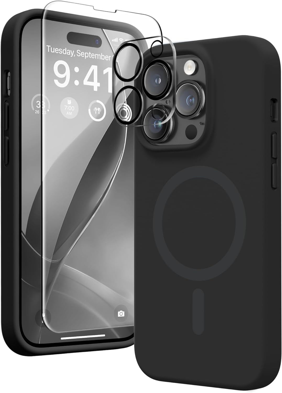 GONEZ for Iphone 14 Pro Max Case Silicone, Compatible with Magsafe, with 2X Screen Protector + 2X Camera Lens Protector, Liquid Silicone Shockproof Protective Iphone 14 Promax Case, Blue  GONEZ Black-Ring  