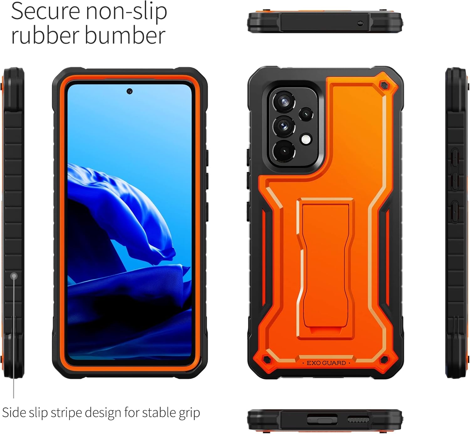 Exoguard for Samsung Galaxy A53 Case, Rubber Shockproof Full-Body Cover Case with Screen Protector for Samsung A53 5G Phone, Built-In Kickstand (Orange)