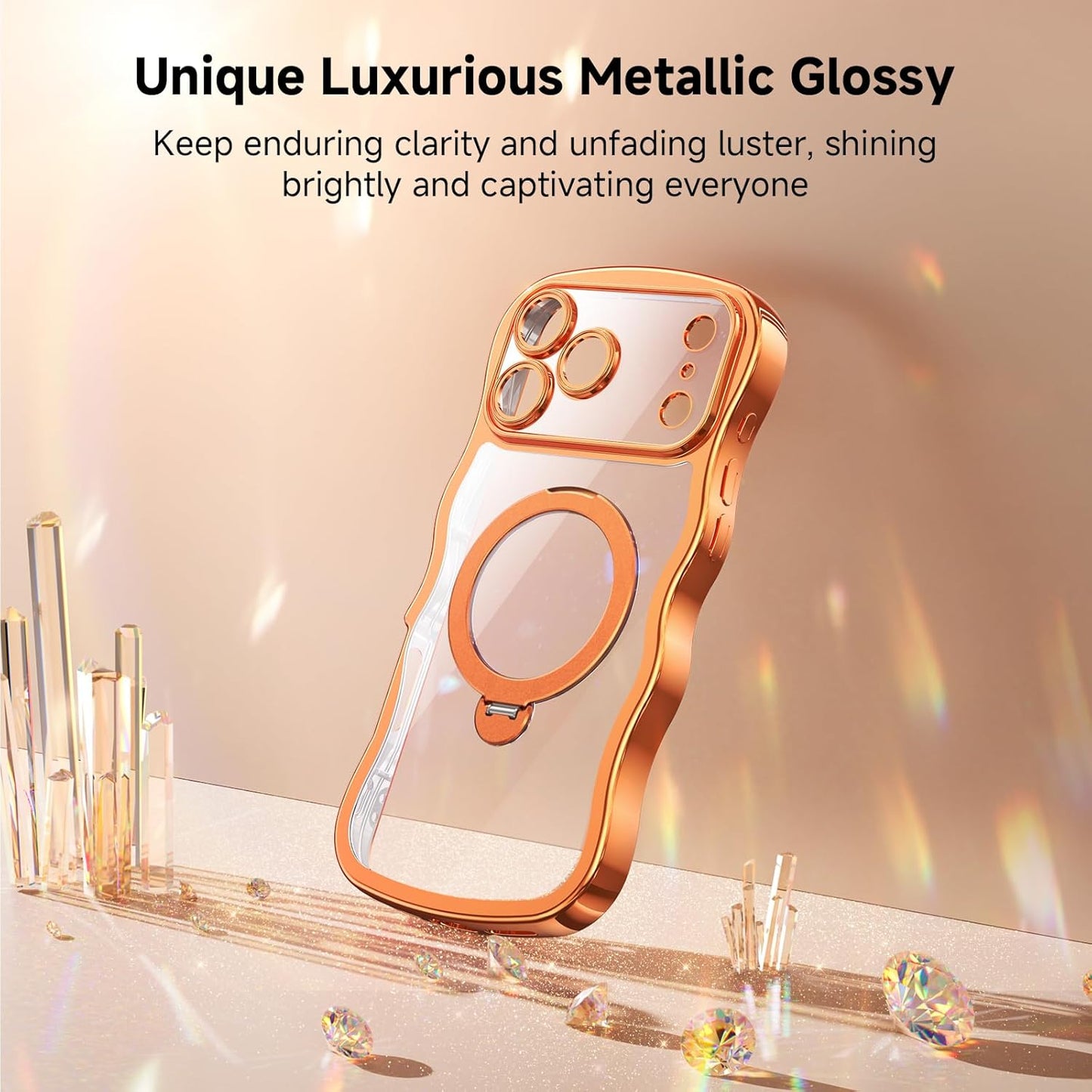 3 in 1 for Iphone 17 Pro Max Case with 360° Spin Magnetic Stand, 1X DIY Glitter Cardstock+1X Screen Protector, [Fit for Magsafe]Cute Wavy Glossy Clear Phone Cover for Women Girls 6.9", Cosmic Orange