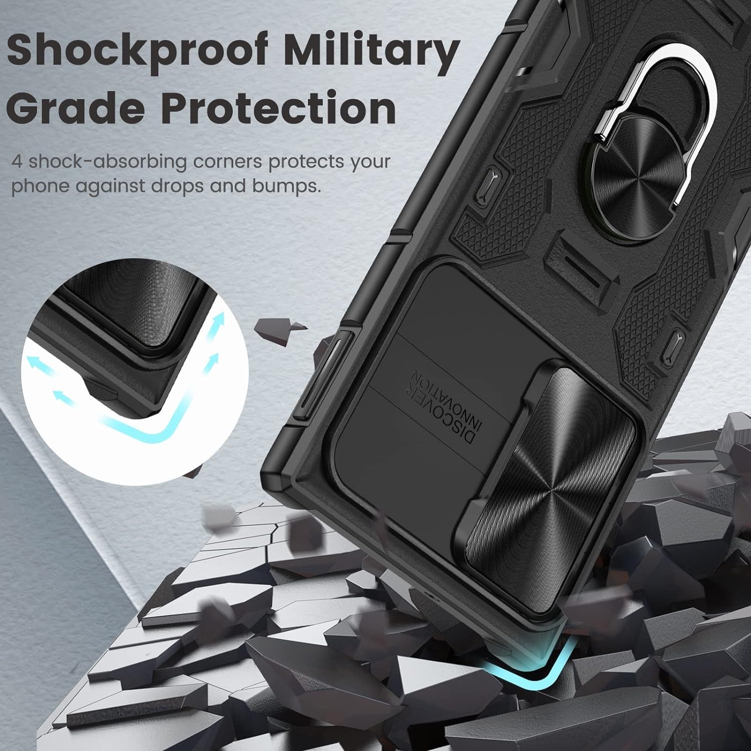 Caka for S22 Ultra Case, Galaxy S22 Ultra Case with Slide Camera Cover & Stand with Built-In 360° Rotate Ring Stand Magnetic Protective Case for Samsung Galaxy S22 Ultra 5G -Black