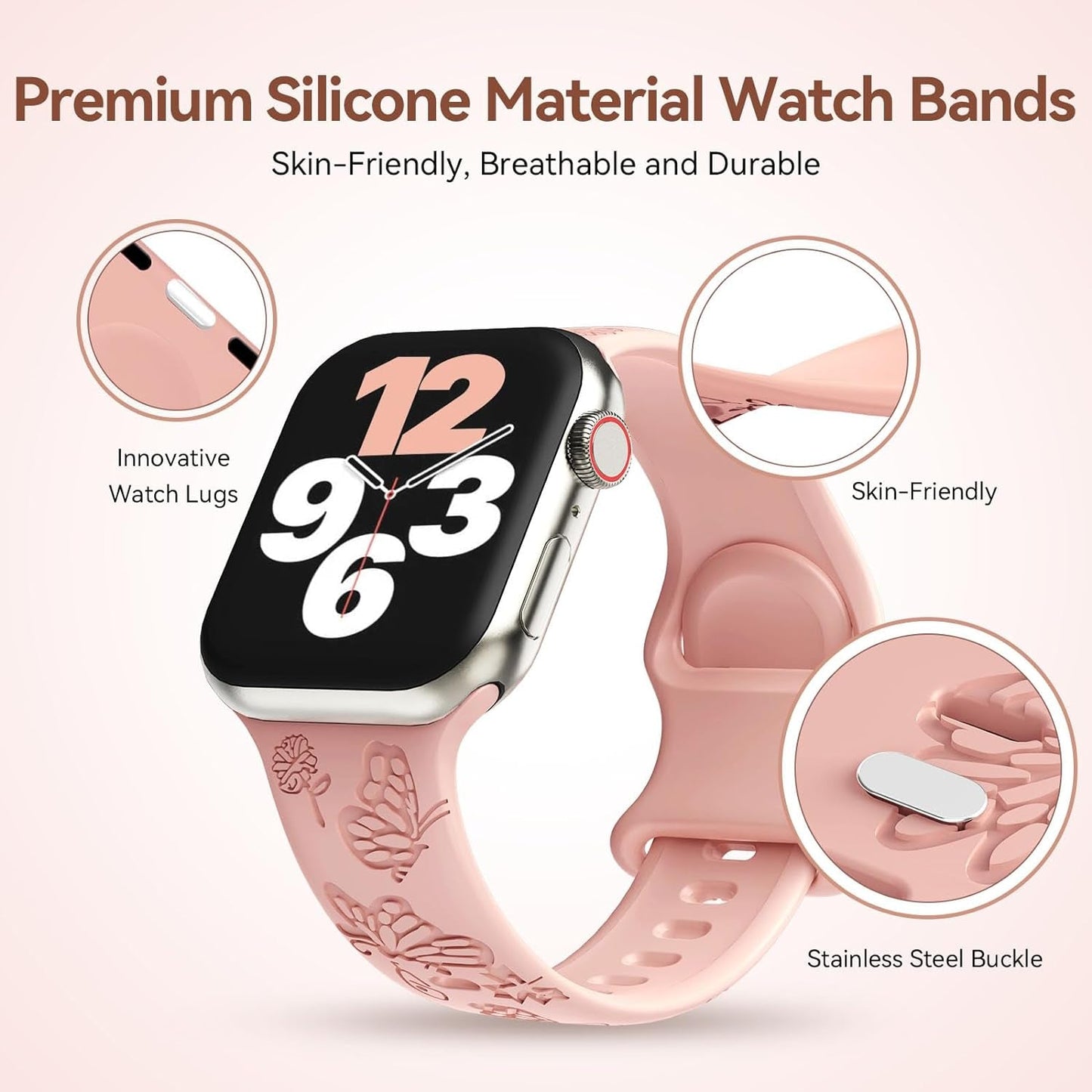 3 Pack Butterfly Floral Engraved Silicone Apple Watch Bands for Women - Soft, Sporty, and Stylish, Fits 38Mm-49Mm Apple Watch/Iwatch Series Ultra/Ultra 2/SE/9/8/7/6/5/4/3/2/1