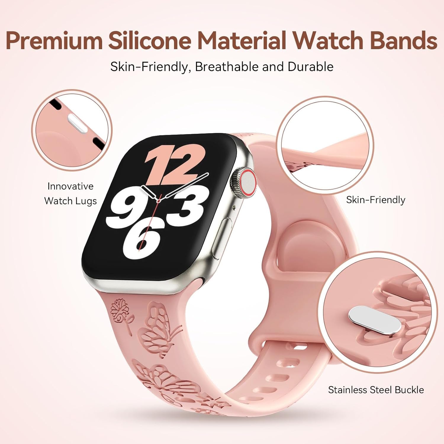 3 Pack Butterfly Floral Engraved Silicone Apple Watch Bands for Women - Soft, Sporty, and Stylish, Fits 38Mm-49Mm Apple Watch/Iwatch Series Ultra/Ultra 2/SE/9/8/7/6/5/4/3/2/1