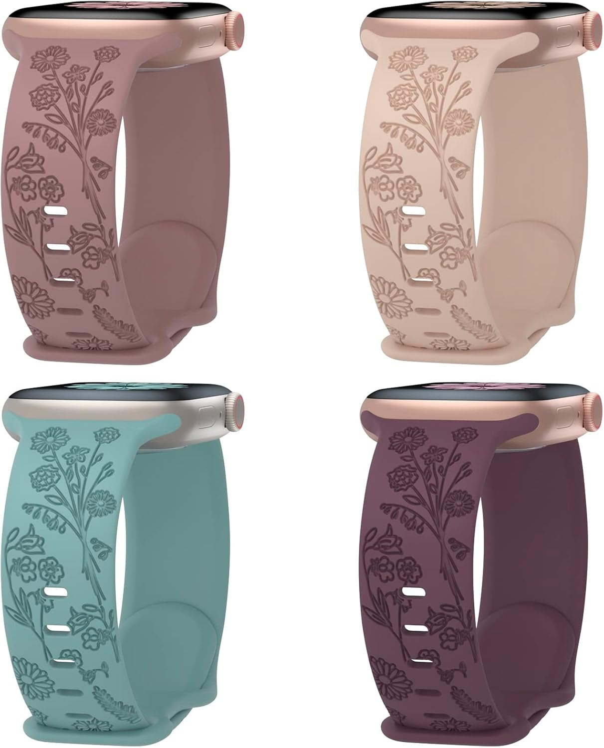 4 Pack Flower Engraved Silicone Band Compatible with Apple Watch Band 38Mm 40Mm 41Mm 42Mm 44Mm 45Mm 49Mm, Women Soft Floral Strap Sport Wristbands for Iwatch Series 9/8/7/6/5/4/3/2/1/Se/Ultra