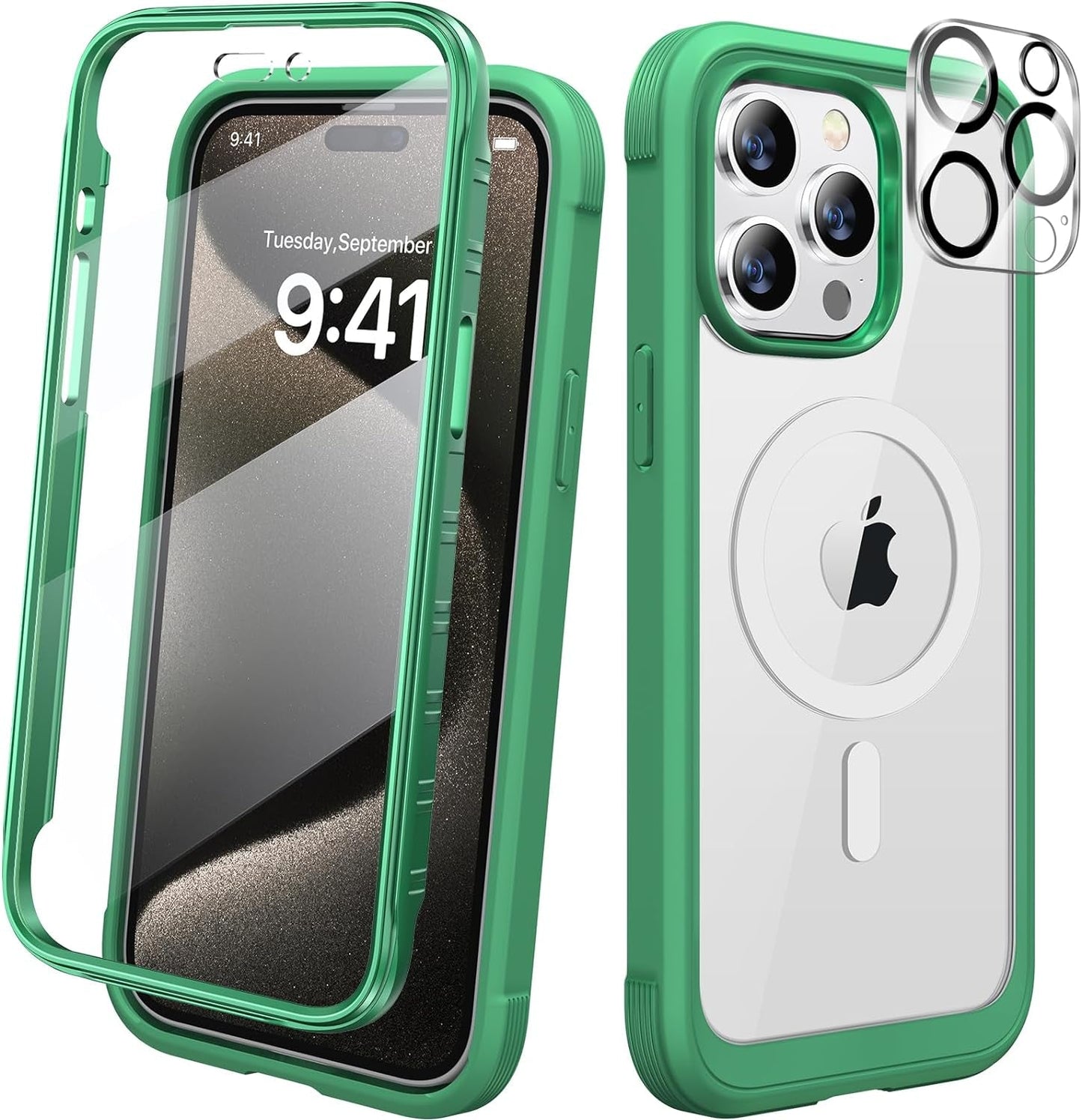 Diaclara Designed for Iphone 15 Pro Case, Full Body Rugged Case with Built-In Touch Sensitive Anti-Scratch Screen Protector, with Camera Lens Protector for Iphone 15 Pro 6.1",Frosted Clear  Diaclara Magnetic Green Iphone 15 Pro 