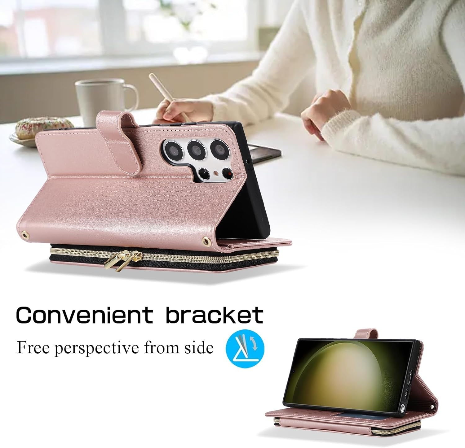 Furiet Wallet Case for Samsung Galaxy S22 Ultra 5G with Detachable Wrist Strap, 9+ Card Slots Zipper Purse, Luxury PU Leather Stand Full Body Phone Cover for S22Ultra 22S S 22 S22Ultra5G 6.8 Rose Gold