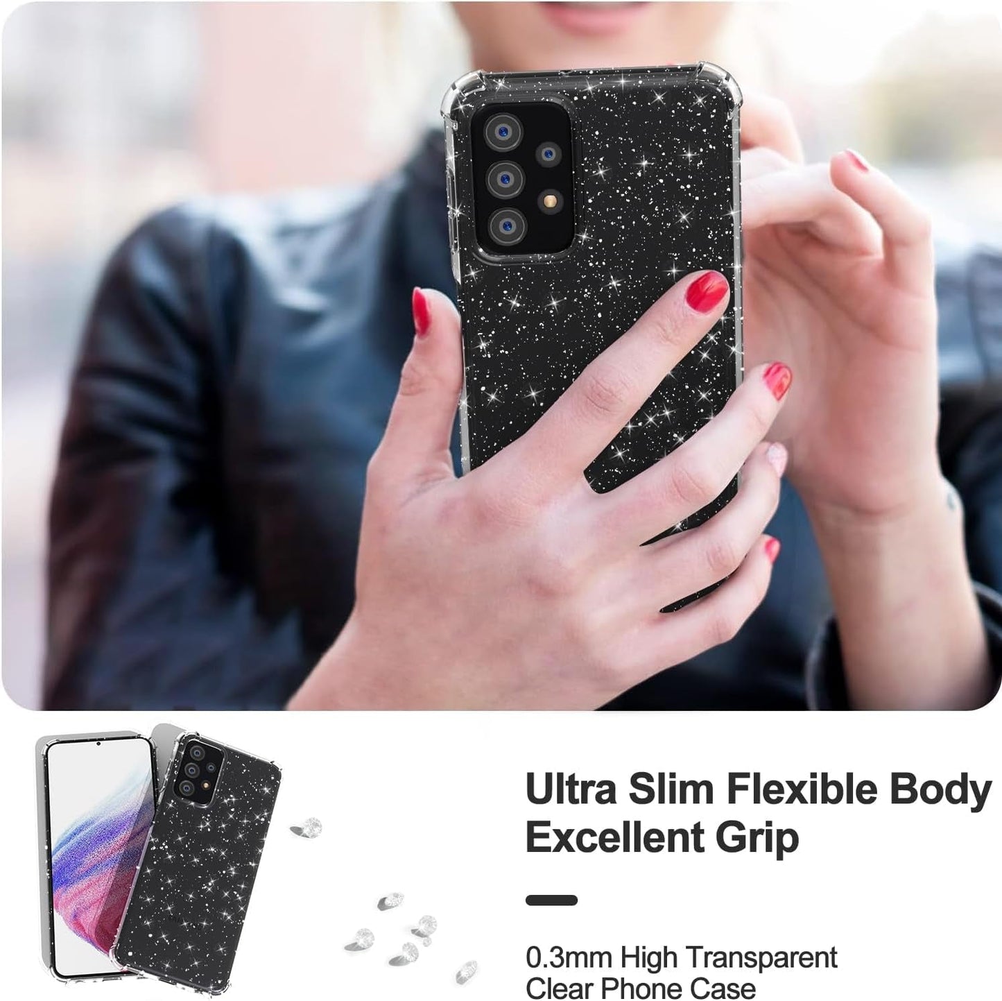 For Samsung Galaxy A53 5G Phone Case Clear Glitter, Cute Sparkle Bling Sparkly Shiny Cover for Women Aesthetic Design, Transparent Thin Slim Flexible Soft TPU, Non-Yellowing, Clear