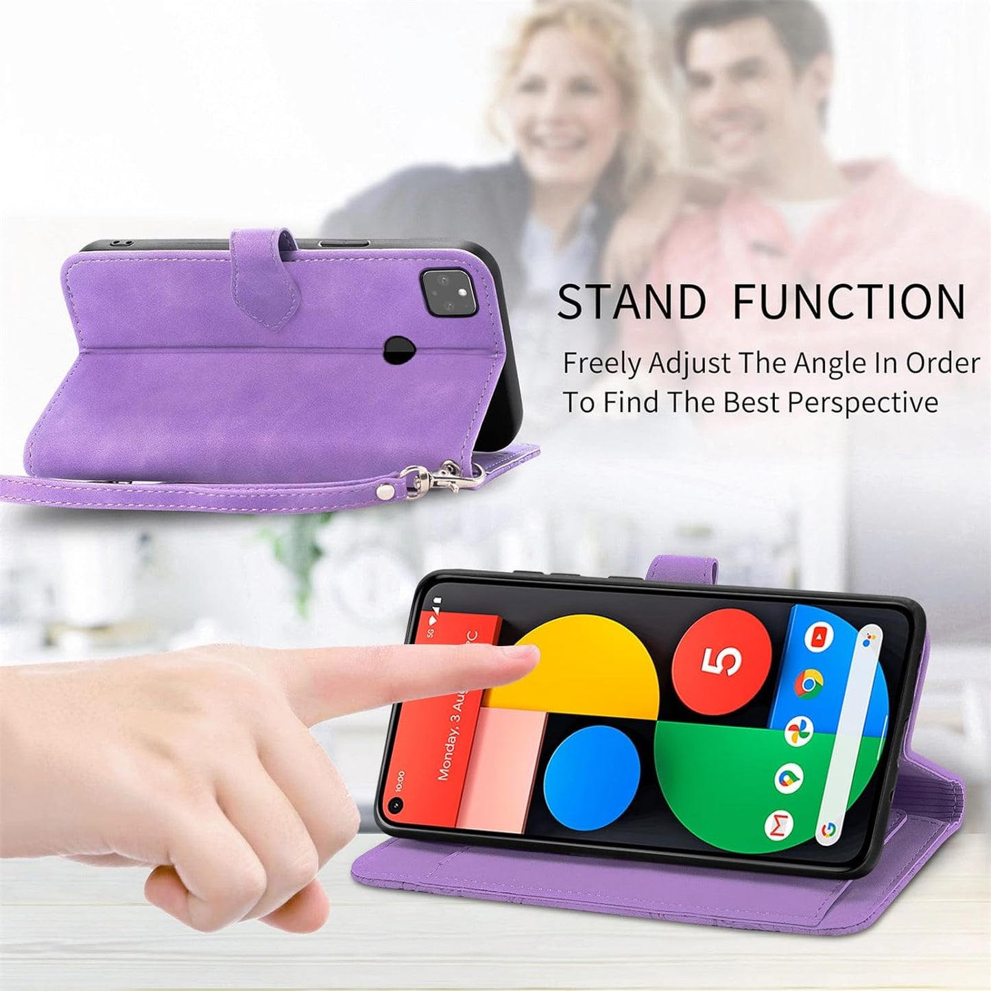 Compatible with Google Pixel 5 Wallet Case with Wrist Strap Lanyard PU Leather Flip Folio Case Card Holder Stand Cell Accessories Phone Cover for Pixel5 5G Pixle Five G5 Women Purple  Furiet   