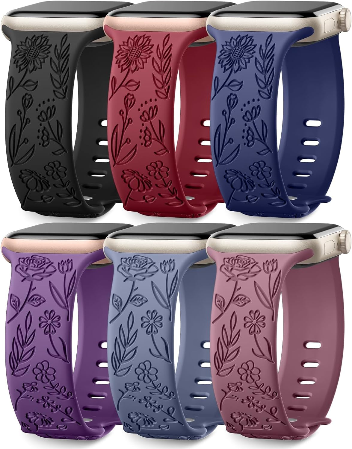 6 Pack Floral Engraved Bands Compatible with Apple Watch Band 44Mm 40Mm 38Mm 41Mm 45Mm 49Mm 42Mm Women, Soft Silicone Cute Flower Pattern Sport Strap for Iwatch Bands Series Ultra Ultra 2 SE 9 8 7 6 5 4 3 2 1