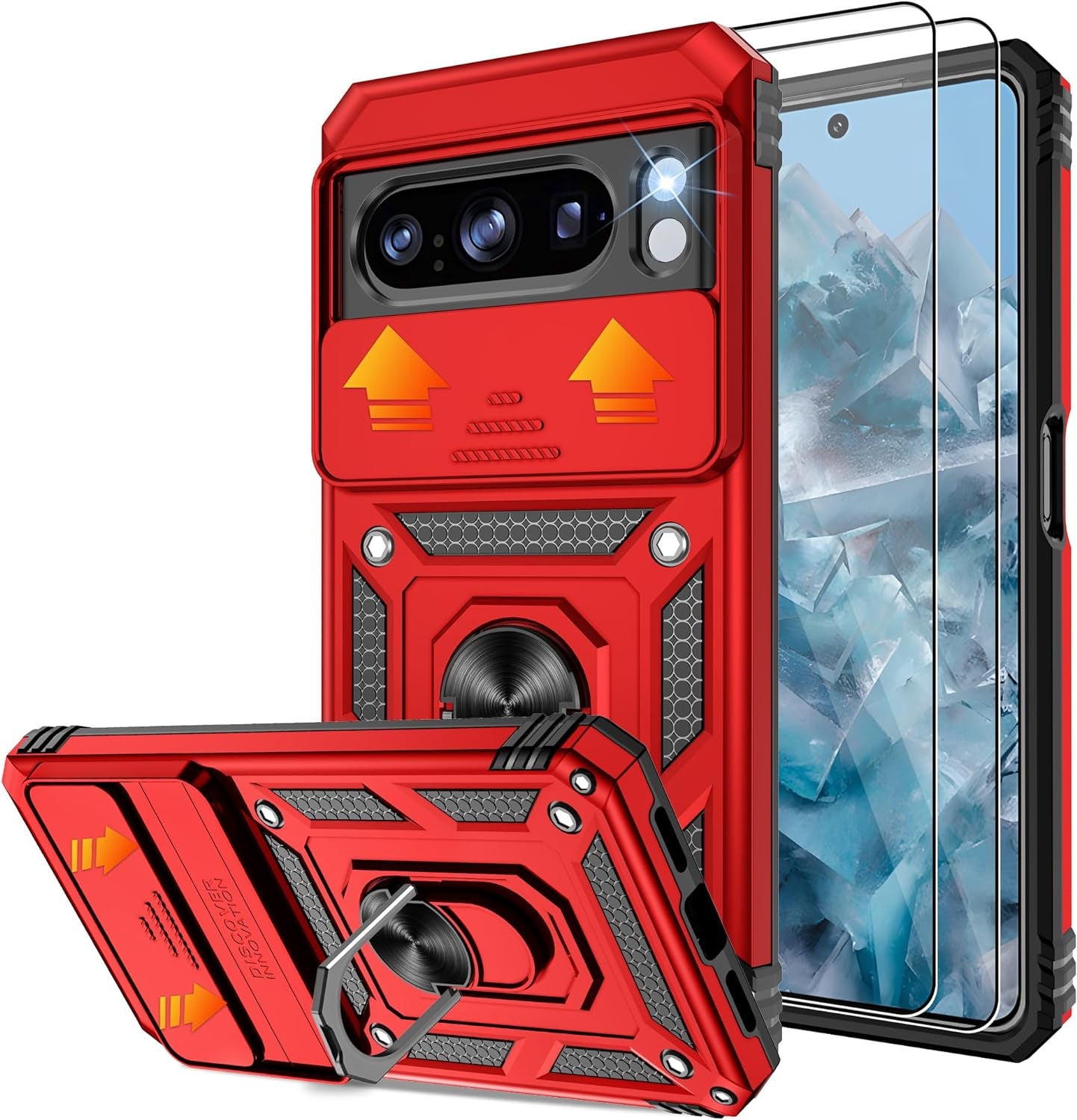 Fit for Google Pixel 8 5G Case with Screen Protector (2 Pack) & Slide Camera Cover, Build in 360° Magnetic Rotating Ring Kickstand [Military Grade] Protective Case for Pixel 8 Case, Green  Gritup Red Google Pixel 8 Pro 6.7" 