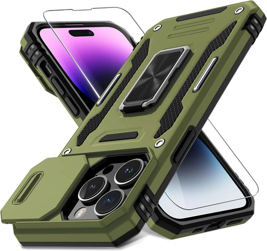 DEERLAMN for Iphone 14 Pro Max Case with Slide Camera Cover+Screen Protector(1 Pack),Rotated Ring Kickstand Military Grade Shockproof Protective Cover 6.7 Inch-Olive Green  DEERLAMN   
