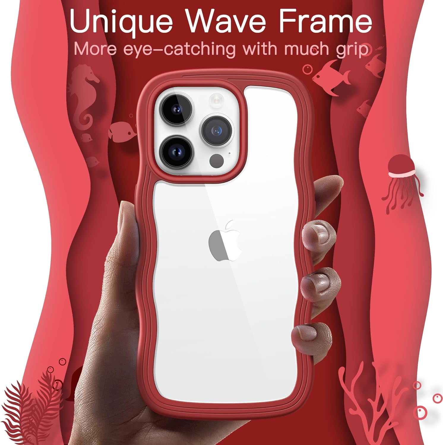 Jetech Cute Case for Iphone 14 Pro 6.1-Inch, Wave Frame Curly Shape Shockproof Phone Cover for Women and Girls, Clear Hard PC Back (Red)  JETech   
