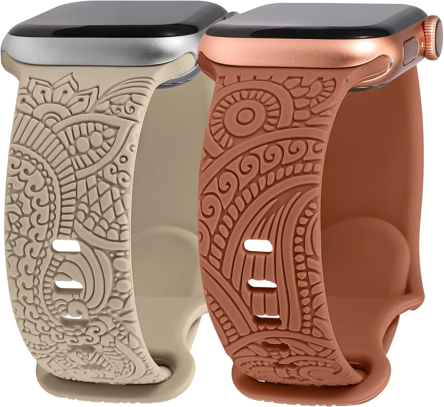 2 Packs Boho Engraved Bands Compatible with Apple Watch Bands 41Mm 40Mm 38Mm 45Mm 44Mm 42Mm 49Mm Women Girls Men, Silicone Sport Fancy Dressy Cute Strap for Iwatch Series 9/Ultra/Se/8/7/6/5/4/3/2/1