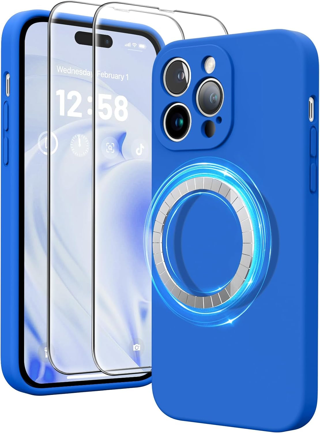 HIKII for Iphone 14 Pro Case Magnetic, Upgraded Silicone [Camera Protection] [Compatible with Magsafe] for Iphone 14 Pro Case with [2 Screen Protectors], 6.1 Inch, Light Brown  HIKII Royal Blue  