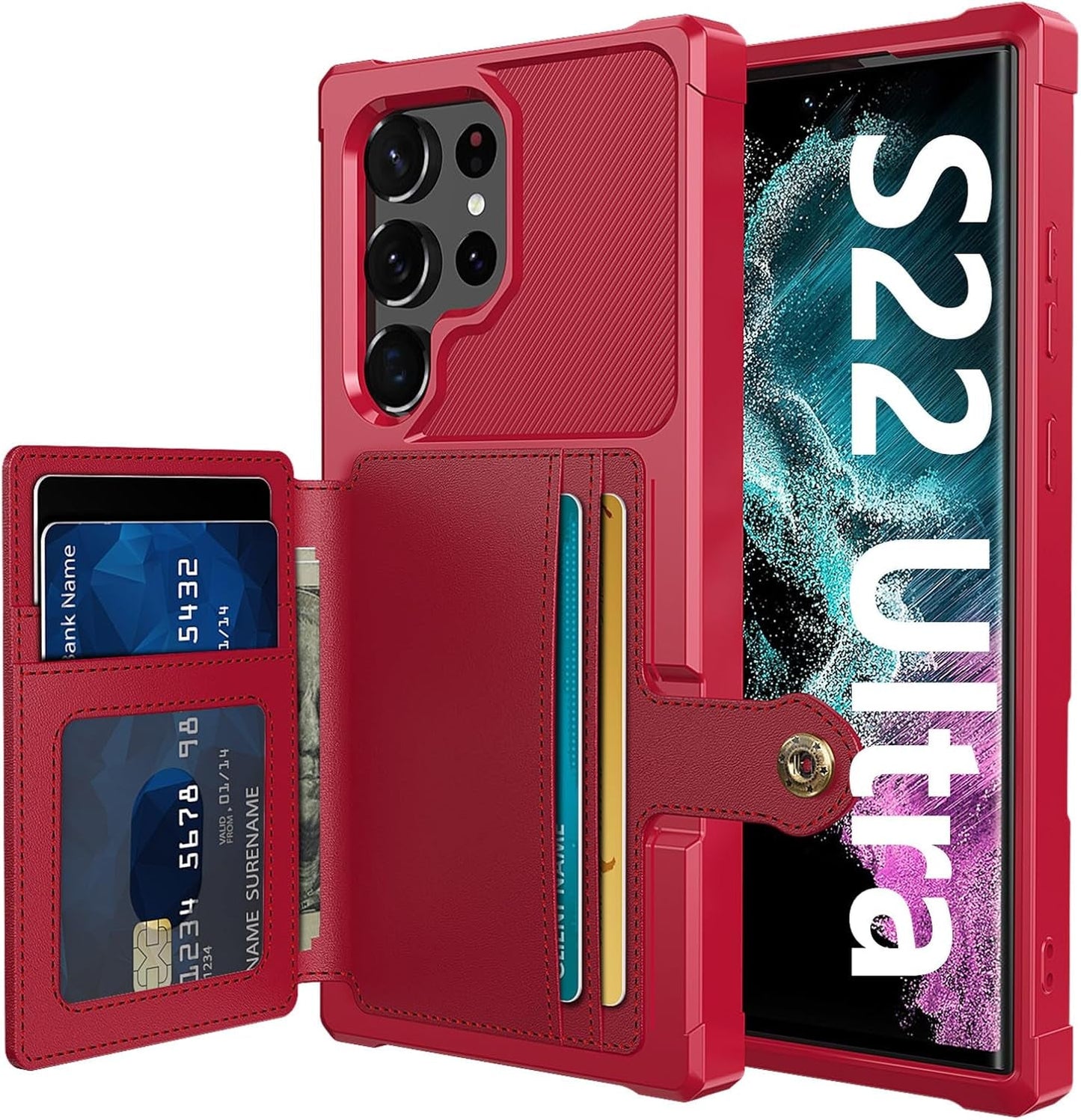 For Samsung Galaxy S22 Ultra Case with Card Holder, Compatible with Magnetic Car Mount, Heavy Duty Shockproof Rugged Soft TPU Back Leather Flip Wallet Cover 6.8 Inch, Red
