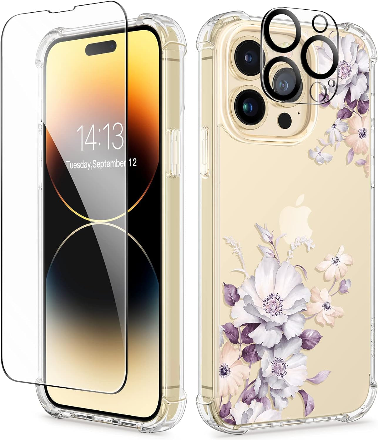 GVIEWIN for Iphone 14 Pro Case with Screen Protector & Camera Lens Protector, Floral Slim Shockproof Protective Hard PC+TPU Bumper Flower Women Phone Cover for 14 Pro, 6.1"(Aster/Purple)  GVIEWIN   