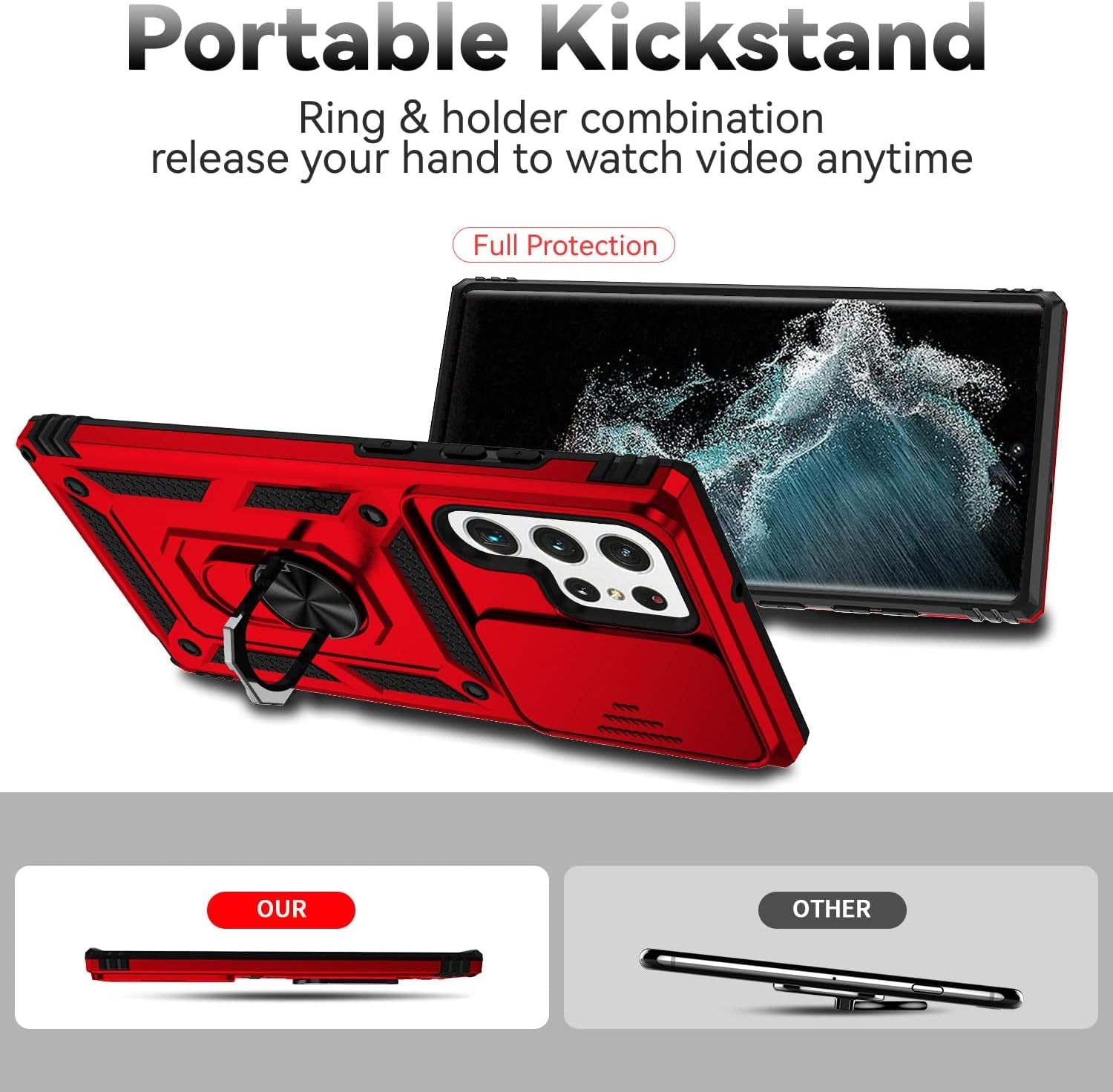 For Samsung Galaxy S22 Ultra Case,With Camera Lens Cover HD Screen Protector,[Military Grade] Ring Car Mount Kickstand Hybrid Hard PC Soft TPU Shockproof Protective Case for Galaxy S22 Ultra, Red