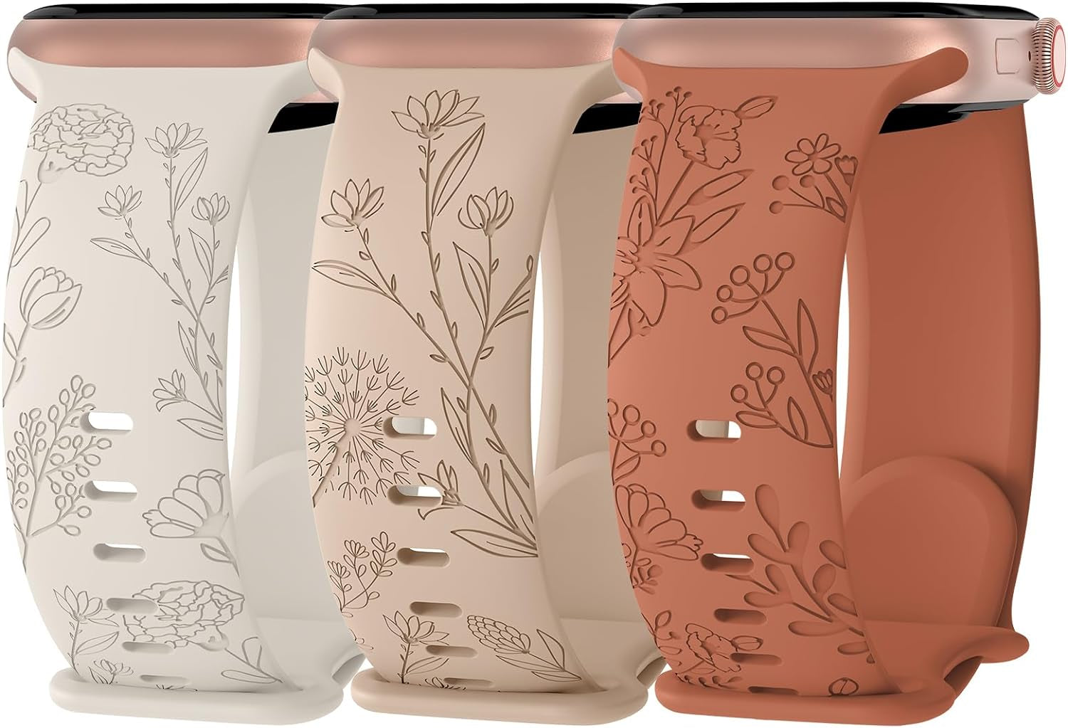 3 Pack Floral Engraved Silicone Bands Compatible with Apple Watch Band 38Mm 40Mm 41Mm 42Mm 44Mm 45Mm 49Mm Women, Soft Sport Wildflower Strap for Iwatch Ultra Series 9 8 SE 7 6 5 4 3 2 1