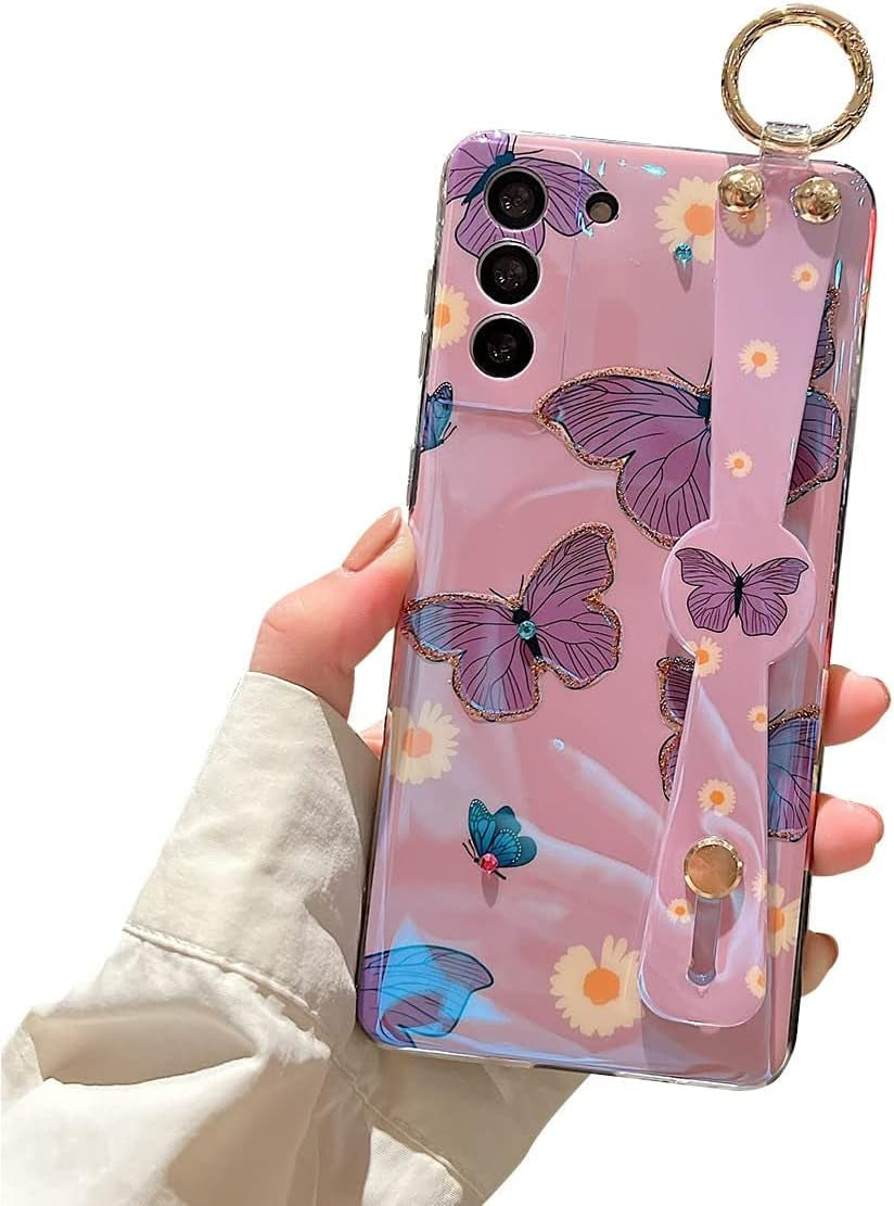 For Samsung Galaxy S22 plus Case Cute with Wrist Strap Kickstand Case 6.6" 5G Glitter Bling Cartoon IMD Soft TPU Shockproof Protective Phone Cases Cover for Girls and Women - Sunflower