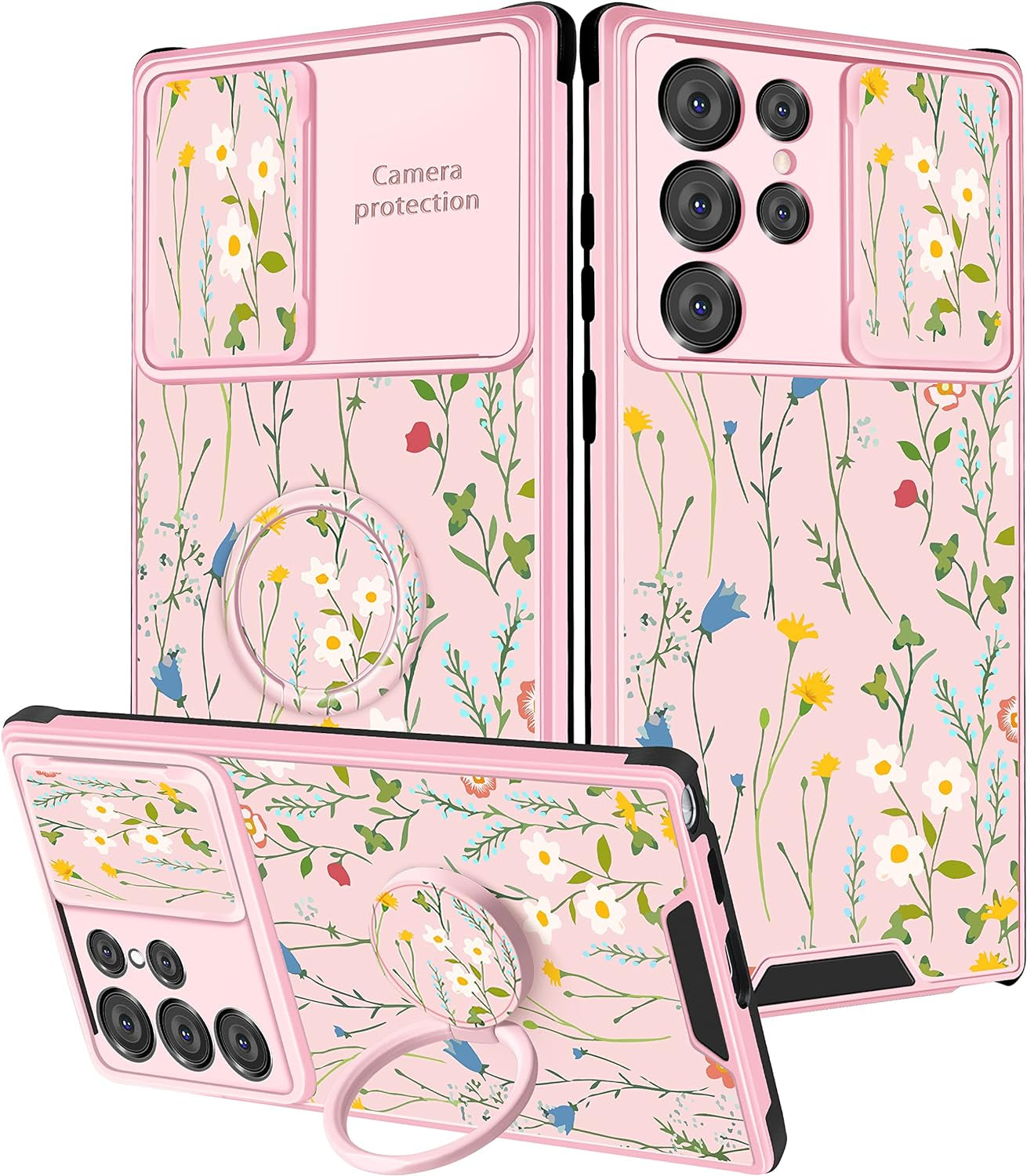 Goocrux (2In1 for Samsung Galaxy S22 Ultra Case Flower Floral for Women Girls Girly Pretty Cute Phone Cover with Slide Camera Cover+Ring Holder Fashion Pattern Unique Design Cases for S22 Ultra 6.8''