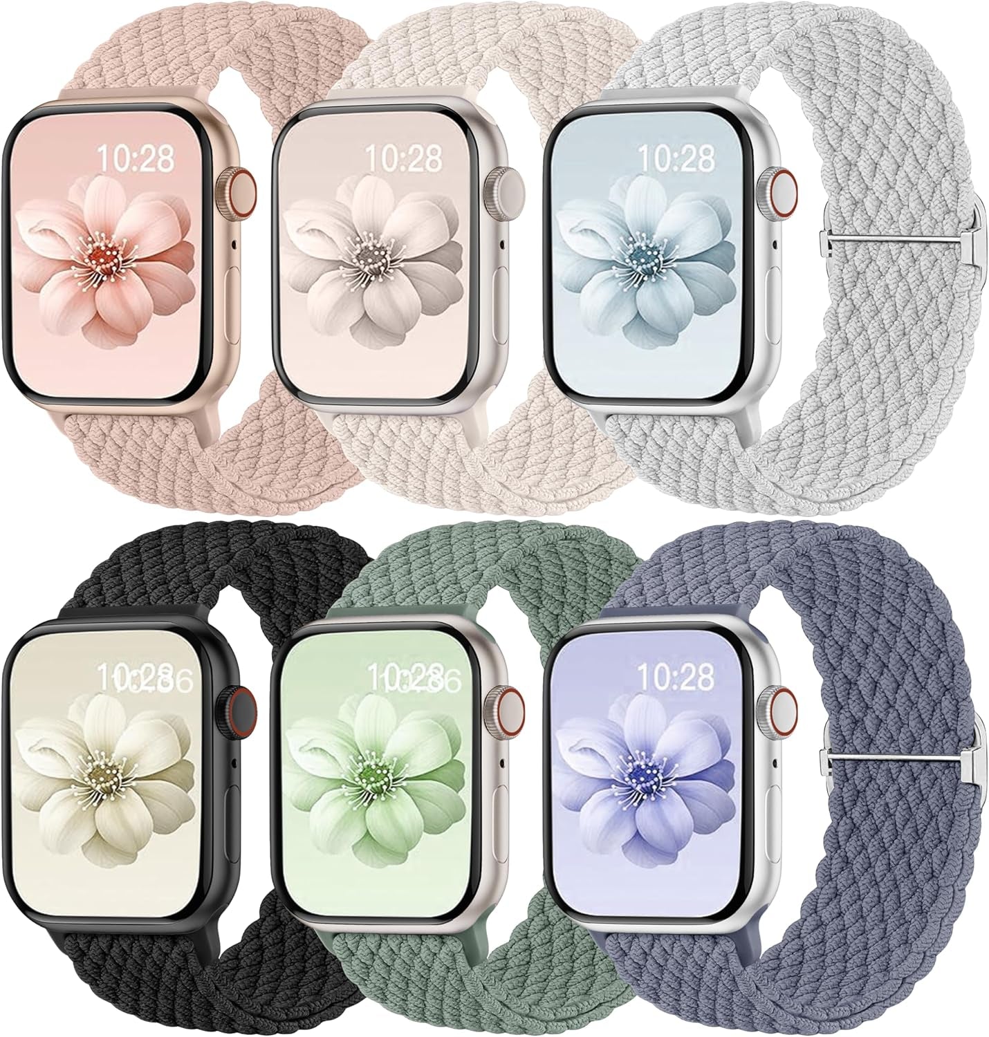 6 Pack Braided Stretchy Bands Compatible with Apple Watch Band 38Mm 40Mm 41Mm 42Mm 44Mm 45Mm 49Mm Women Men, Adjustable Soft Nylon Strap for Iwatch Series 9 8 7 6 5 4 3 2 1 SE Ultra/Ultra 2