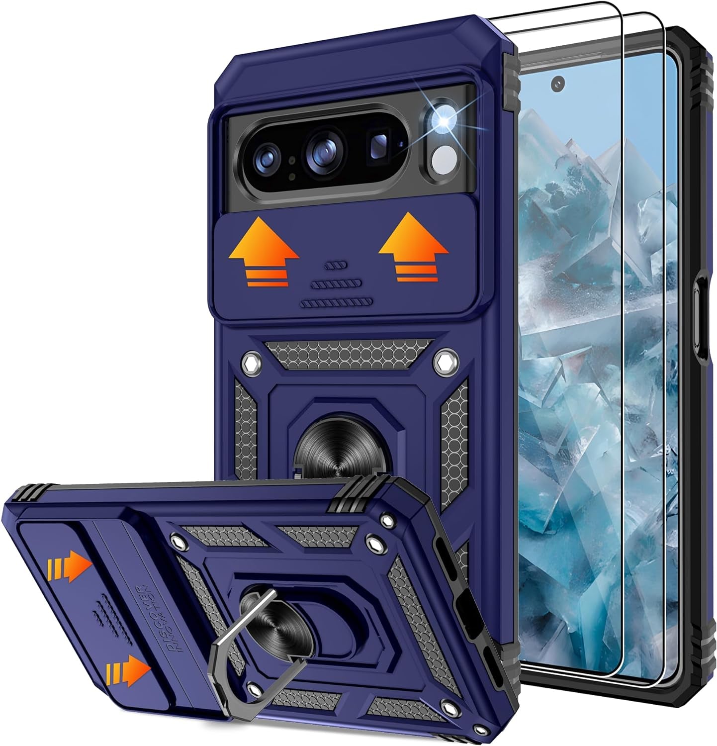 Fit for Google Pixel 8 5G Case with Screen Protector (2 Pack) & Slide Camera Cover, Build in 360° Magnetic Rotating Ring Kickstand [Military Grade] Protective Case for Pixel 8 Case, Green  Gritup Blue Google Pixel 8 Pro 6.7" 