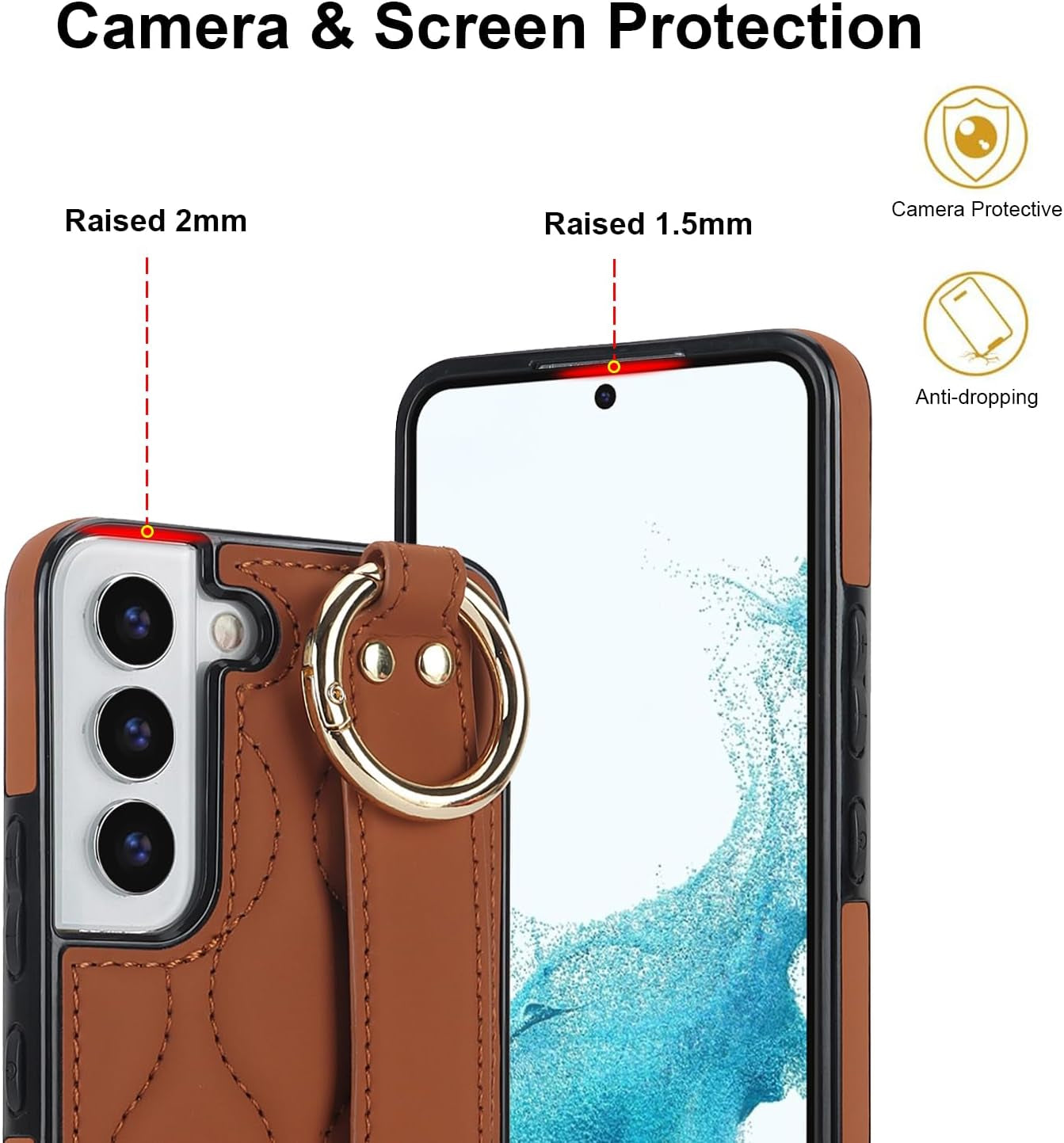 Asuwish Phone Case for Samsung Galaxy S22 plus S22+ 5G Cover with Screen Protector and Wrist Strap Kickstand Wristband Holder Ring Silicone Rubber Cell S22+5G S22Plus 22S + S 22 22+ Women Men Brown