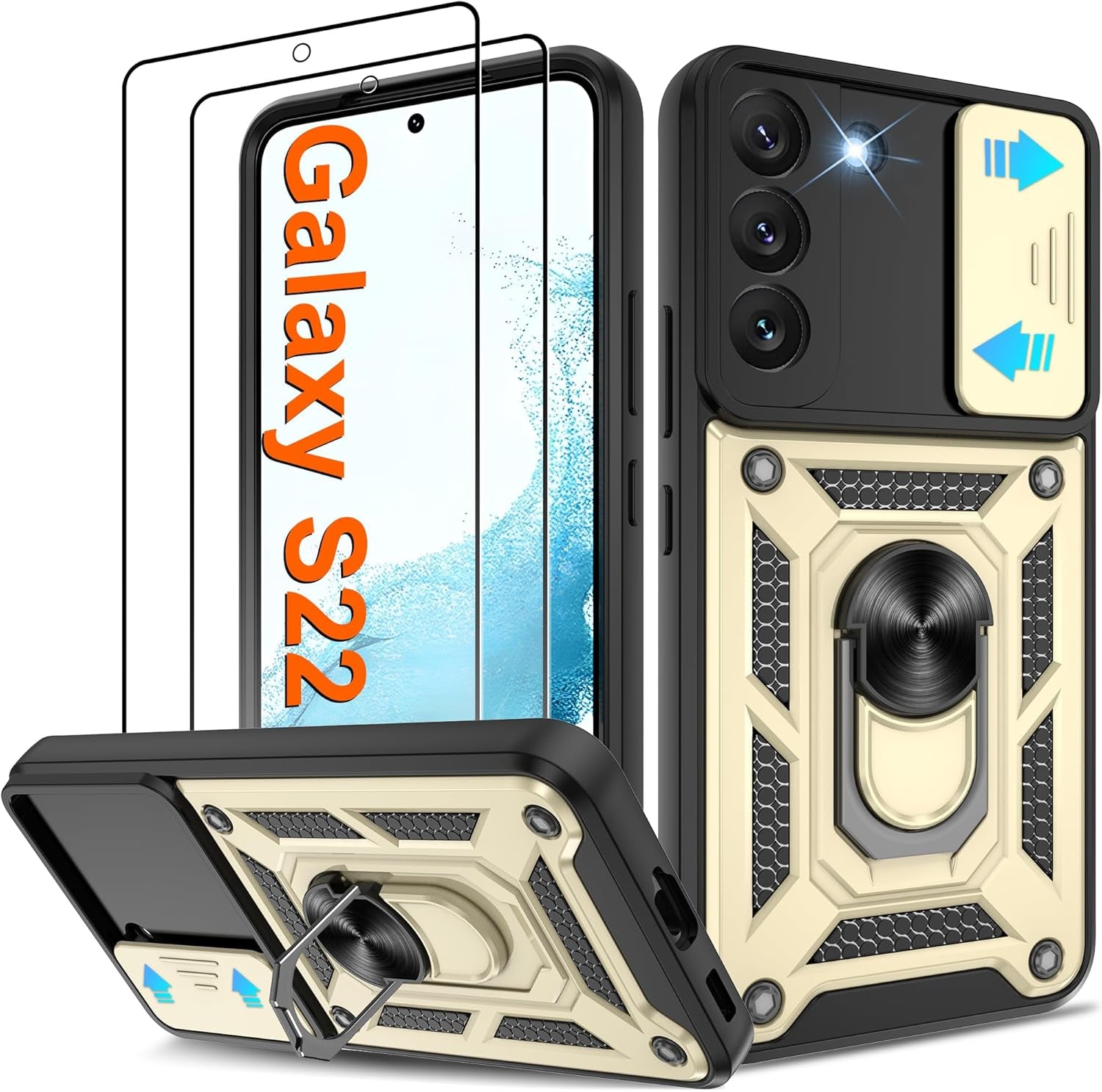 ATUMP for Samsung Galaxy S22 Ultra Case with (2 Pcs) HD Screen Protector, Heavy Duty Shockproof with 360° Rotation Metal Kickstand [Military Grade] Protective Case for S22 Ultra, Blue