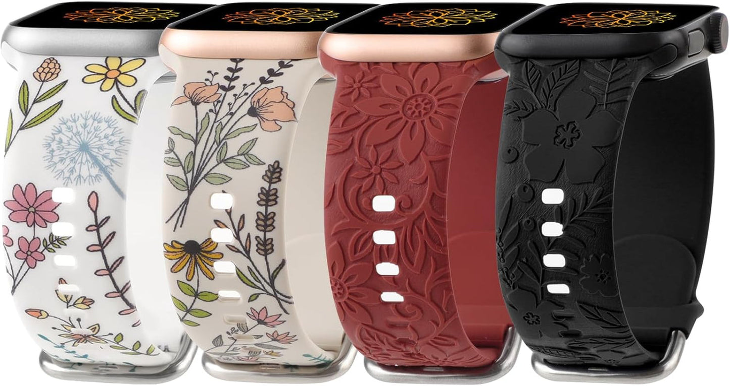 Flower Engraved Print Bands Compatible with Apple Watch Band 40Mm 41Mm 38Mm 42Mm 44Mm 45Mm 49Mm Women, Fancy Soft Silicone Sport Strap for Iwatch Series 9 Ultra 2 SE Ultra 8 7 6 5 4 3 2 1
