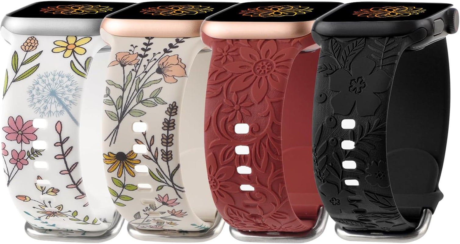 Flower Engraved Print Bands Compatible with Apple Watch Band 40Mm 41Mm 38Mm 42Mm 44Mm 45Mm 49Mm Women, Fancy Soft Silicone Sport Strap for Iwatch Series 9 Ultra 2 SE Ultra 8 7 6 5 4 3 2 1