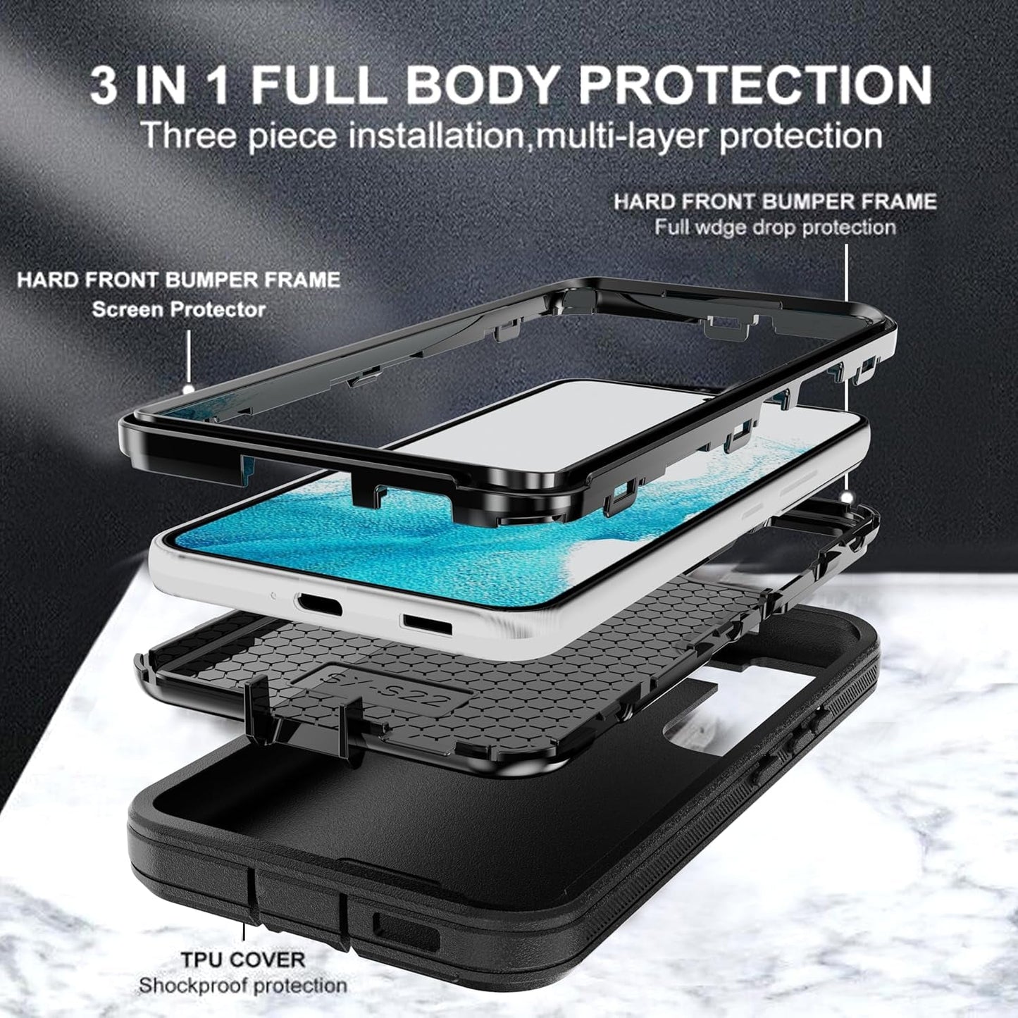 For Galaxy S22 Case with Soft TPU Film Screen Protector[2 Pack],3 in 1 Shockproof TPU Hard PC Bumper Drop-Proof Shell for Samsung Galaxy S22 Black