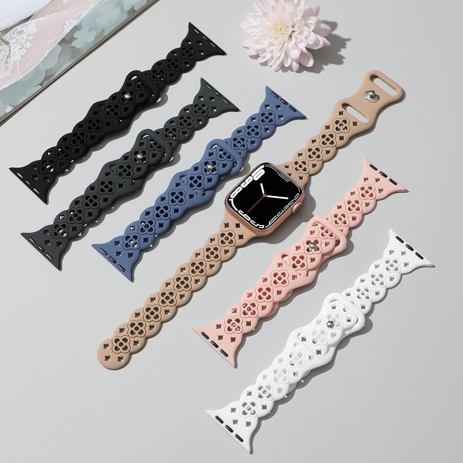 6 Pack Lace Silicone Bands Compatible with Apple Watch Band 38Mm 40Mm 44Mm 41Mm 42Mm 45Mm 49Mm Women,Thin Slim Floral Breathable Sport Strap Replacement Wristbands for Iwatch Series
