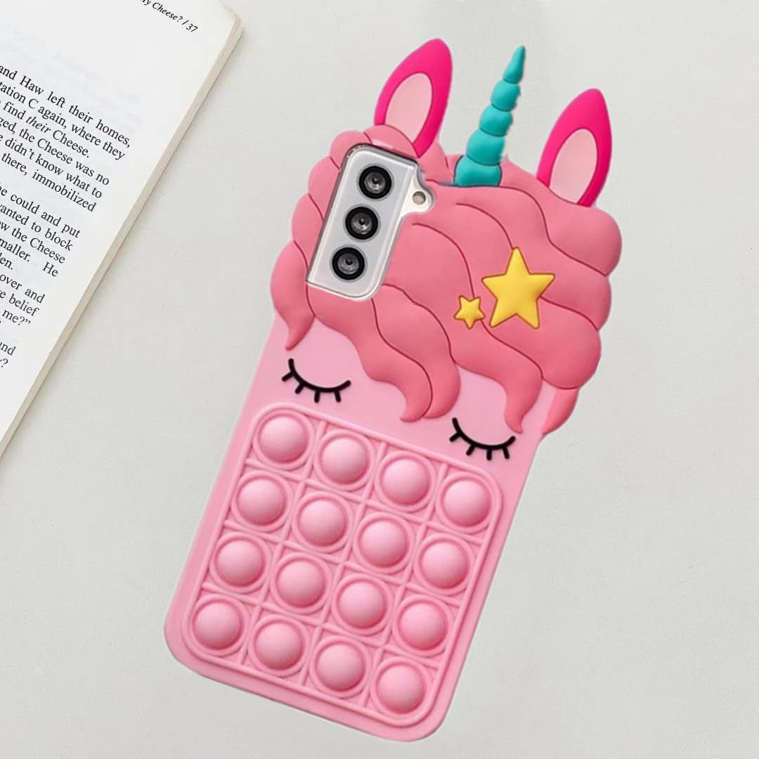 Compatible with Samsung Galaxy S22 plus Unicorn Case 6.6 Inch, 3D Cartoon Cute Soft Silicone Bubble Bumper Cover, Animated Stylish Bubble Pressed Case to Decompress for Kids Child Teens Girls Pink