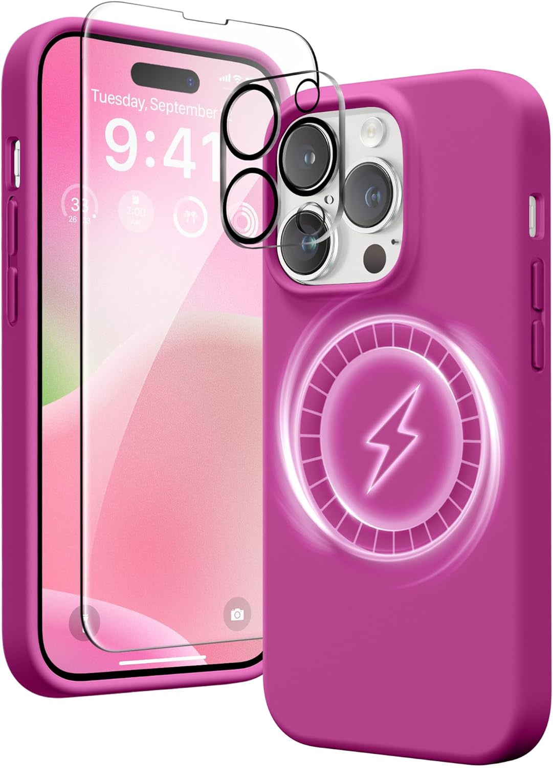 GONEZ for Iphone 14 Pro Max Case Silicone, Compatible with Magsafe, with 2X Screen Protector + 2X Camera Lens Protector, Liquid Silicone Shockproof Protective Iphone 14 Promax Case, Blue  GONEZ Shocking Pink  