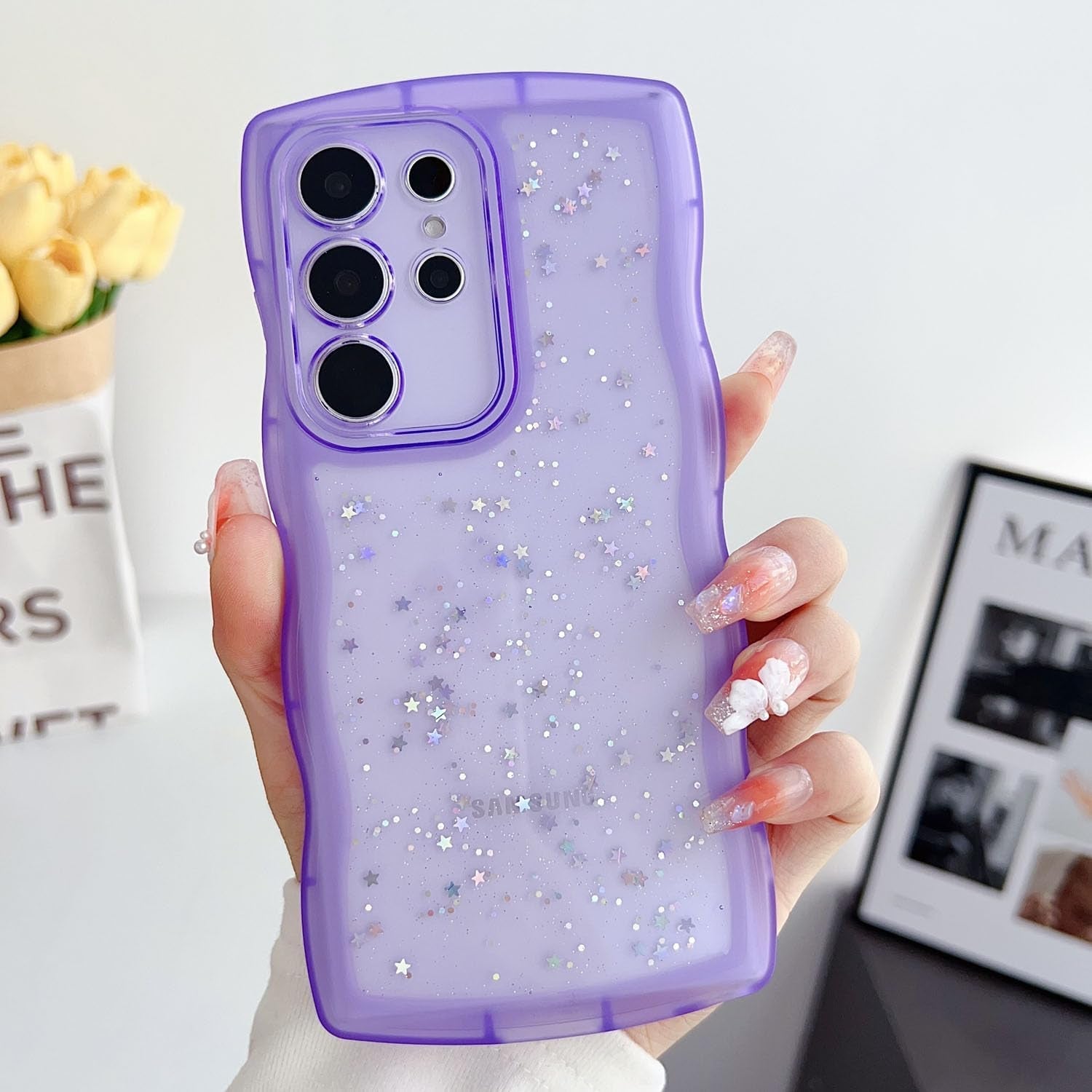 Compatible with Galaxy A53 5G Case for Women Girls Glitter Sparkly Bling Camera Lens Protector Cute Curly Wave Frame Shockproof Protective Cover Phone Case for Samsung Galaxy A53 5G(BLUE)