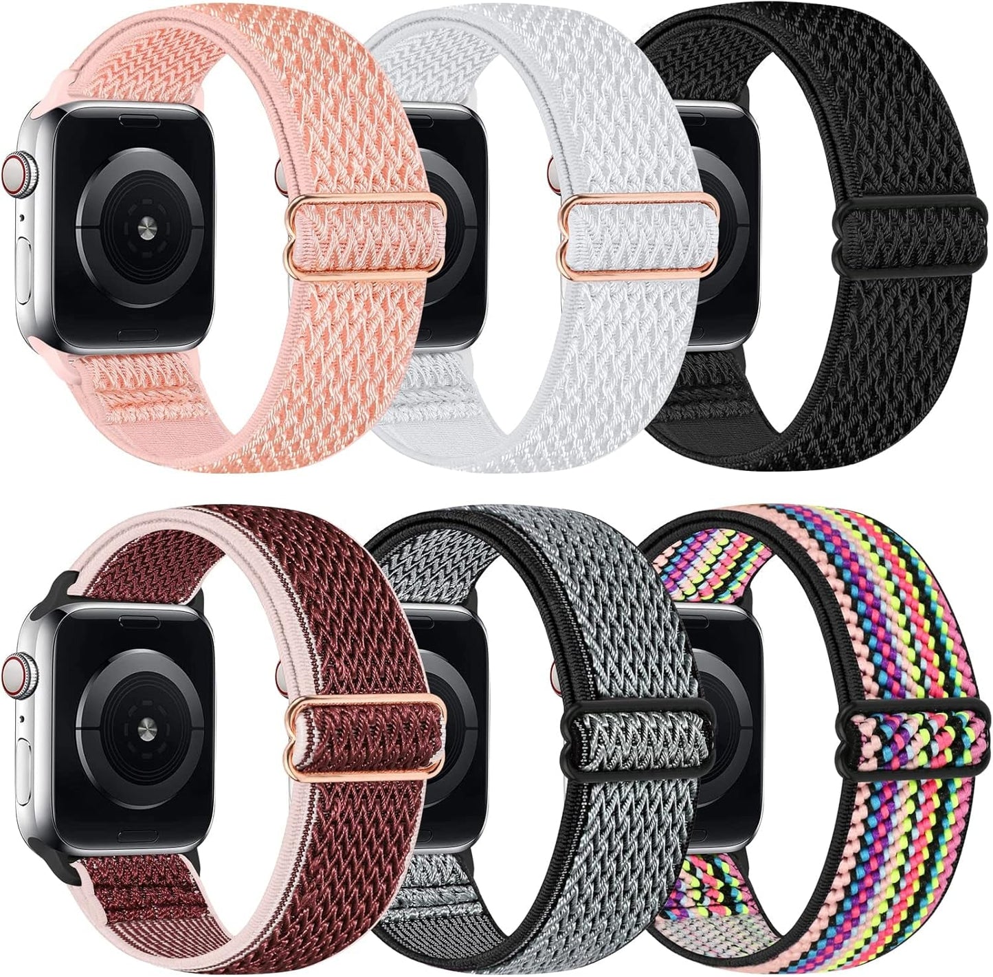 Bling Nylon Stretchy Bands Compatible with Apple Watch Bands 38Mm 40Mm 41Mm 42Mm 44Mm 45Mm 49Mm for Women Girls, Adjustable Braided Solo Loop Sport Bands for Iwatch Series 9 8 7 6 SE 5 4 3 2 1, 6 Packs