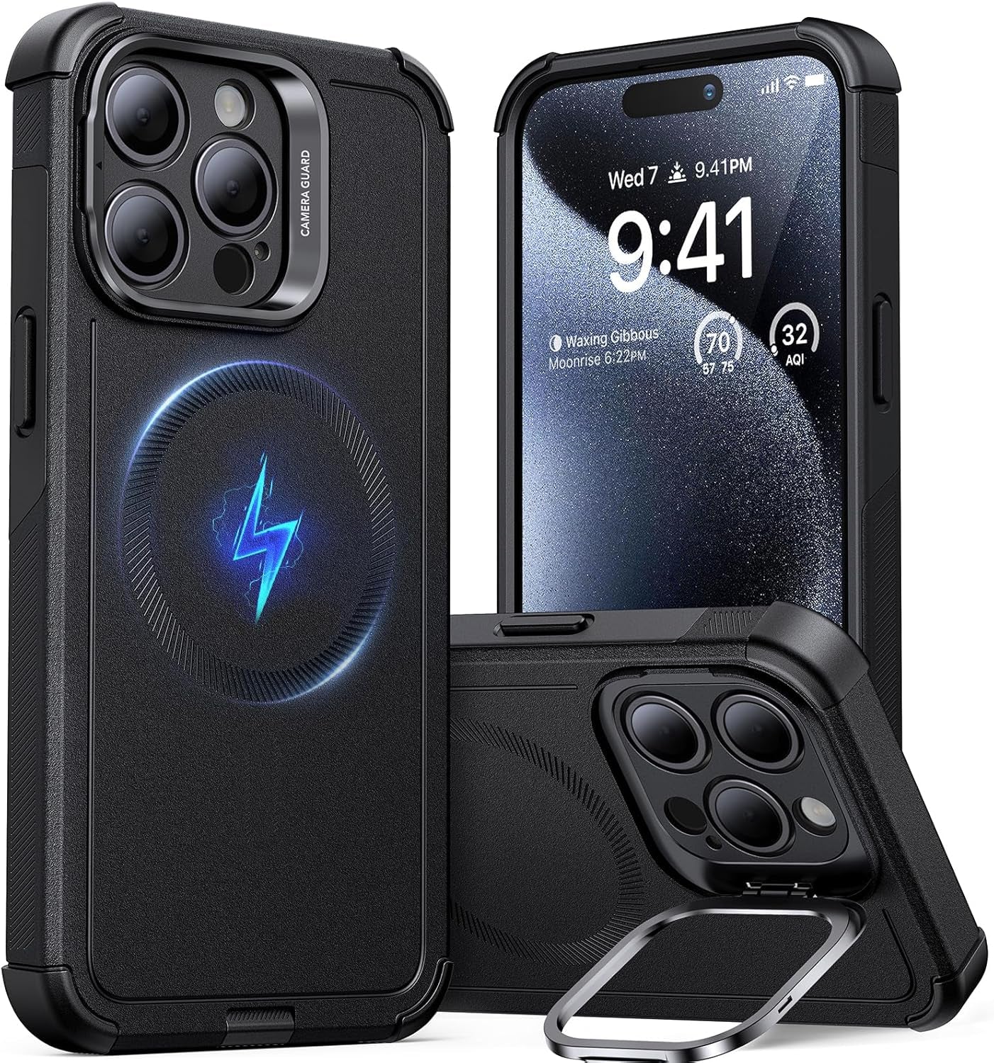 ESR for Iphone 17 Pro Case with Stash Stand, 7X Military-Grade Drop Protection with Camera Control, Shock-Absorbing Phone Rugged Cover, Compatible with Magsafe Accessories, Cyber Series, Black