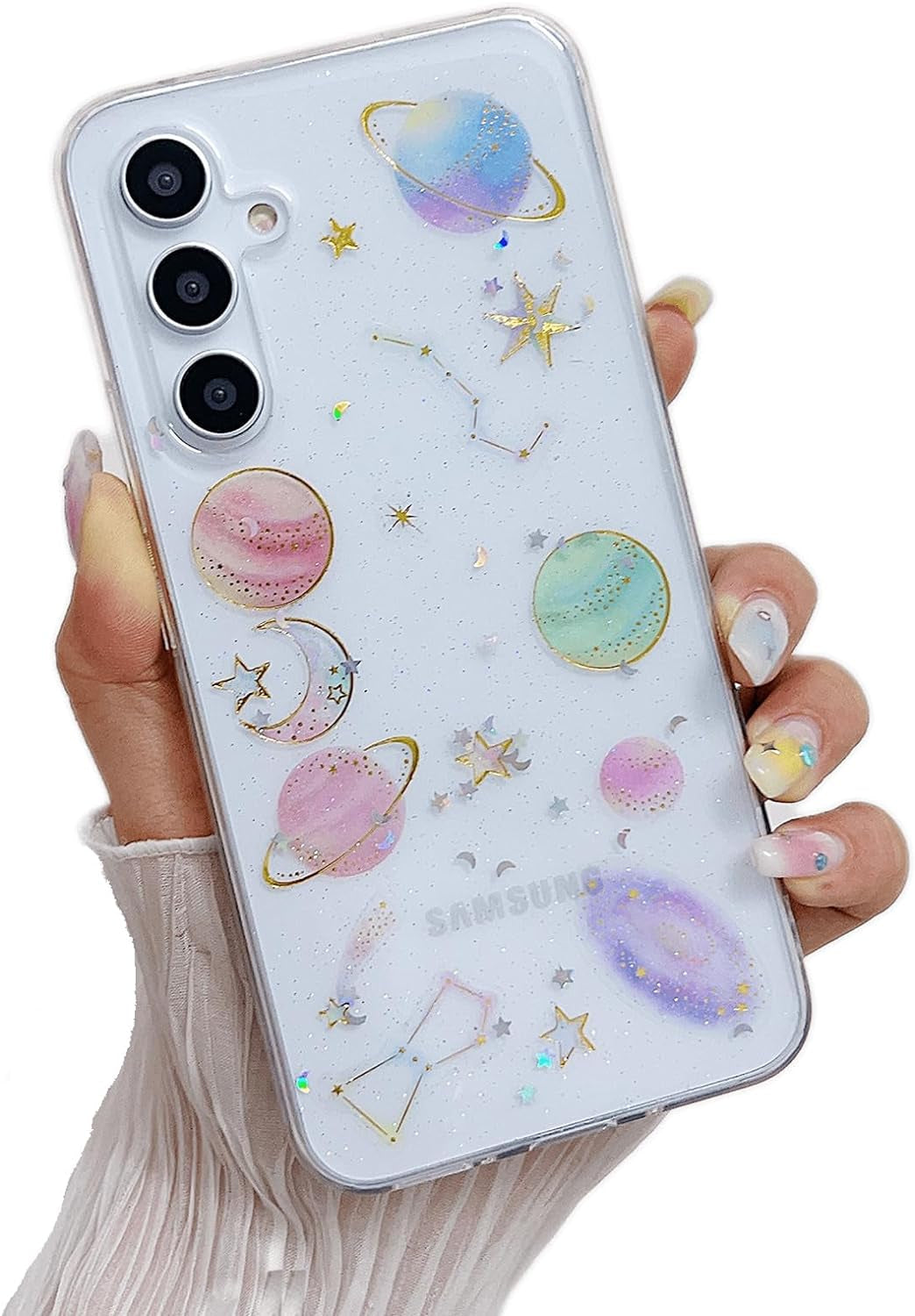 Compatible for Samsung Galaxy A53 Case, Cute Clear Cases with Design Stars and Moon Bling Glitter Planet Aesthetic Soft Silicone Shockproof Cover Women Girls for Samsung A53 6.5'', Space