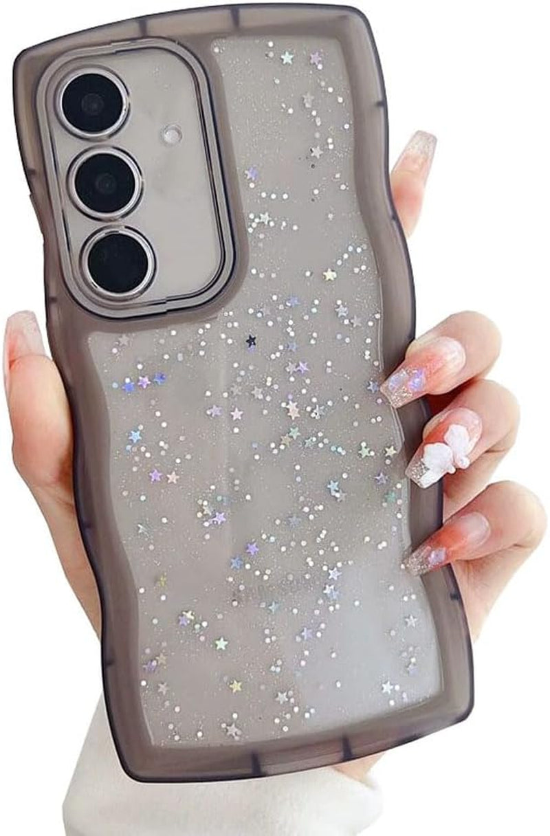 Compatible with Galaxy A53 5G Case for Women Girls Glitter Sparkly Bling Camera Lens Protector Cute Curly Wave Frame Shockproof Protective Cover Phone Case for Samsung Galaxy A53 5G(BLUE)