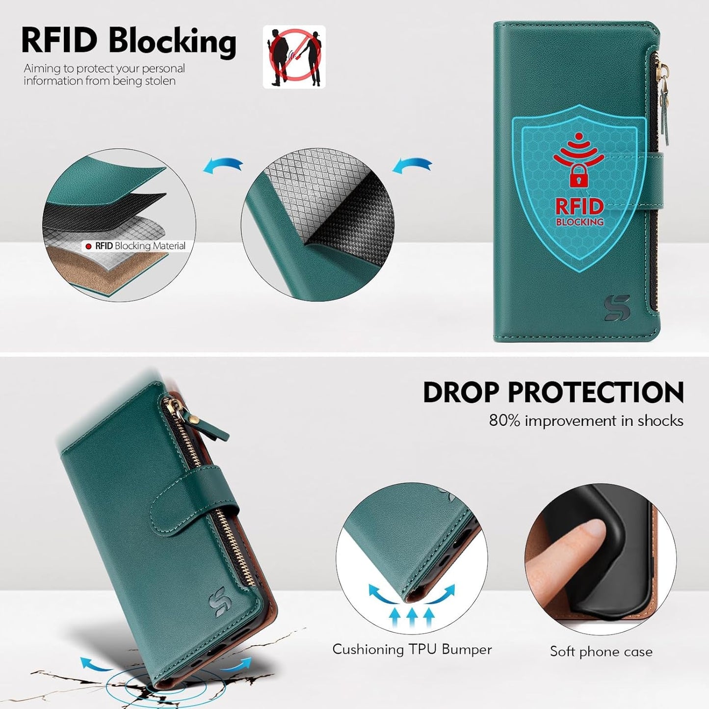 For Samsung Galaxy S22 Wallet Case,Galaxy S22 Phone Case PU Leather Flip Folio Protective Cover Wrist Strap Zipper Pocket Credit Card Slots Holder RFID Blocking,For Women Men,Blue Green