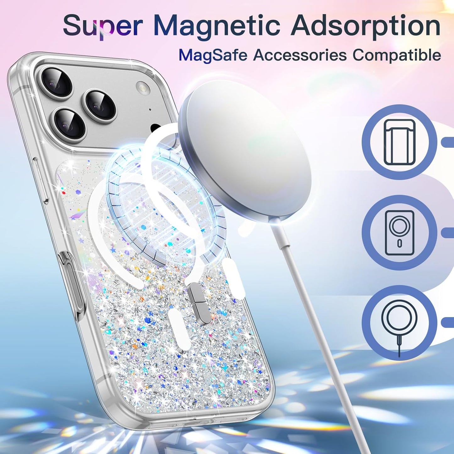 Jetech Glitter Case for Iphone 17 Pro Max 6.9-Inch Compatible with Magsafe, Clear Cute Bling Sparkle for Women and Girls, Shiny Shockproof Magnetic Sparkly Phone Cover (Clear)