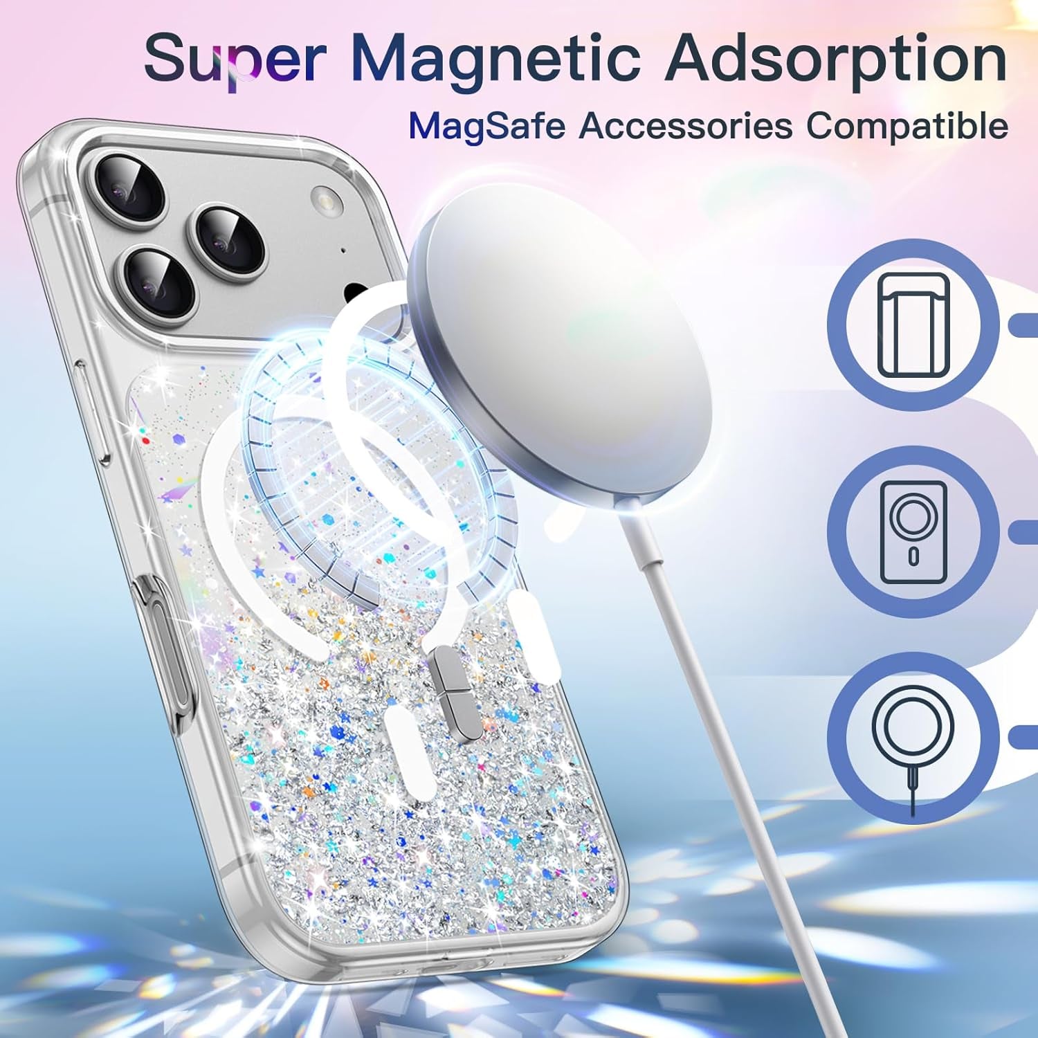Jetech Glitter Case for Iphone 17 Pro Max 6.9-Inch Compatible with Magsafe, Clear Cute Bling Sparkle for Women and Girls, Shiny Shockproof Magnetic Sparkly Phone Cover (Clear)