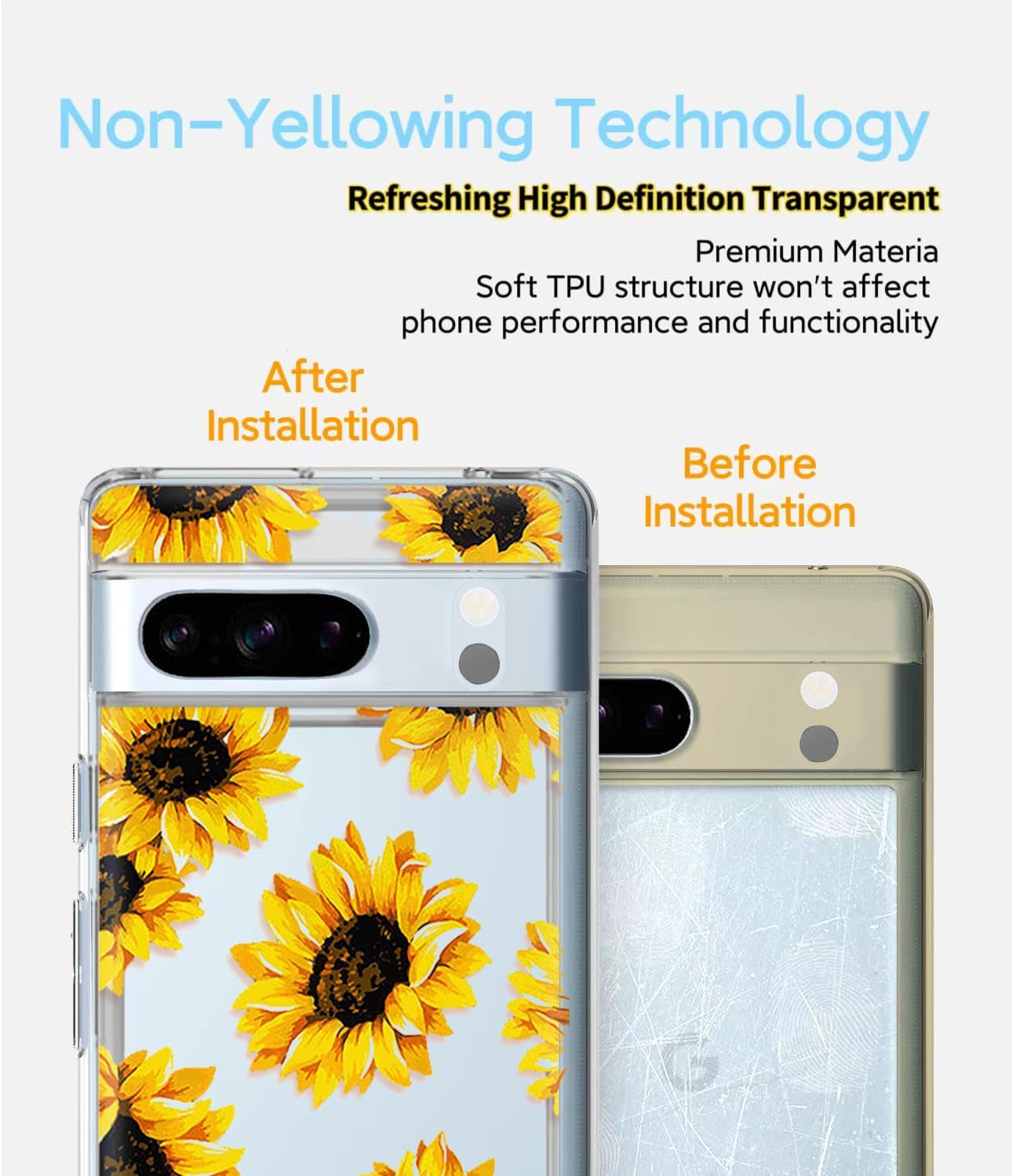 Sunflower Case Compatible with Pixel 8 Pro,Cute Floral Flower Pattern Ultra Slim Fit Cover for Women Girls,Not Yellowing Soft TPU Clear Silicone Shockproof Protective Case for Pixel 8 Pro  Yivenbarity   